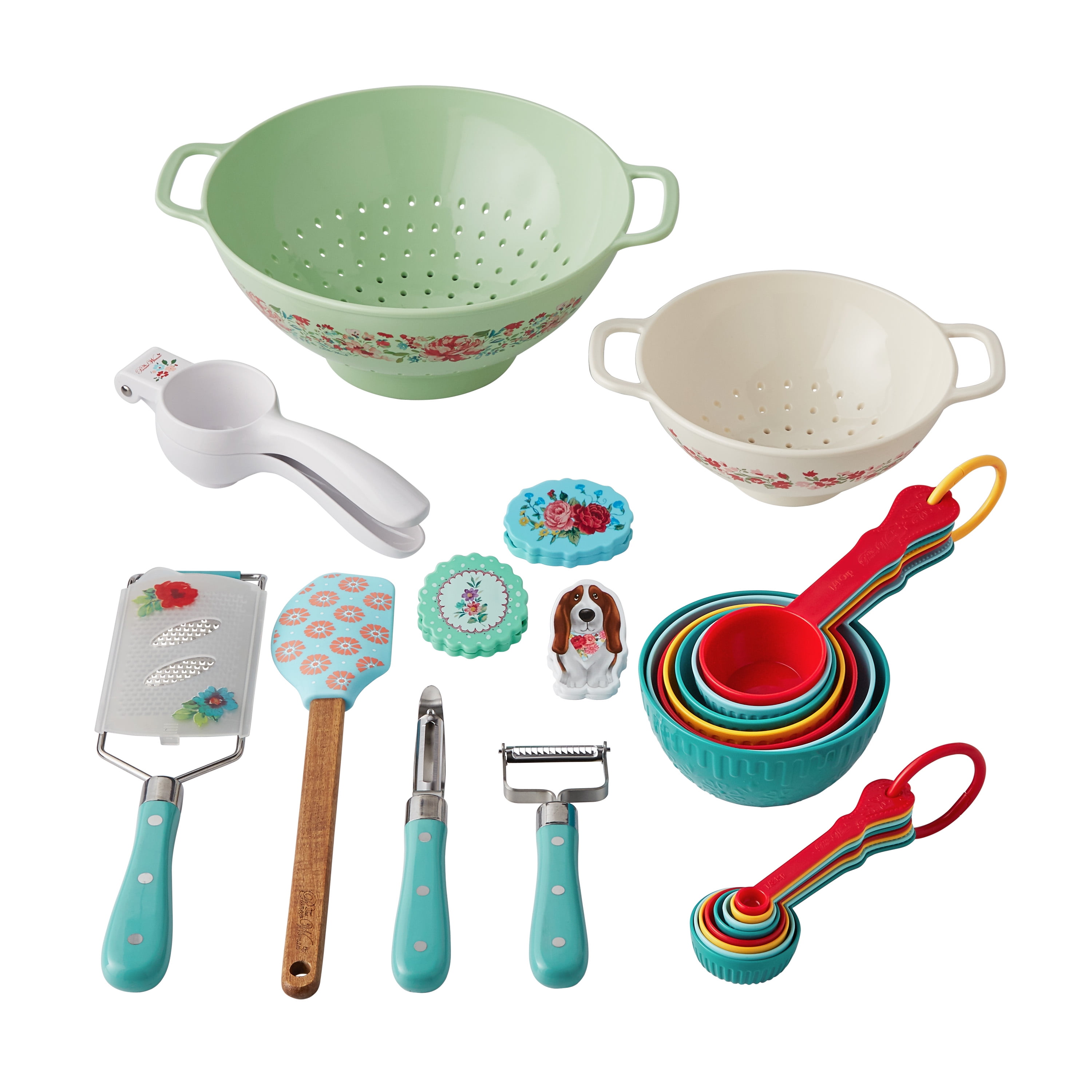 The Pioneer Woman 25-Piece Kitchen Set with Colanders, Measuring Cups, Grater, Citrus Press, Spatula, and Clips