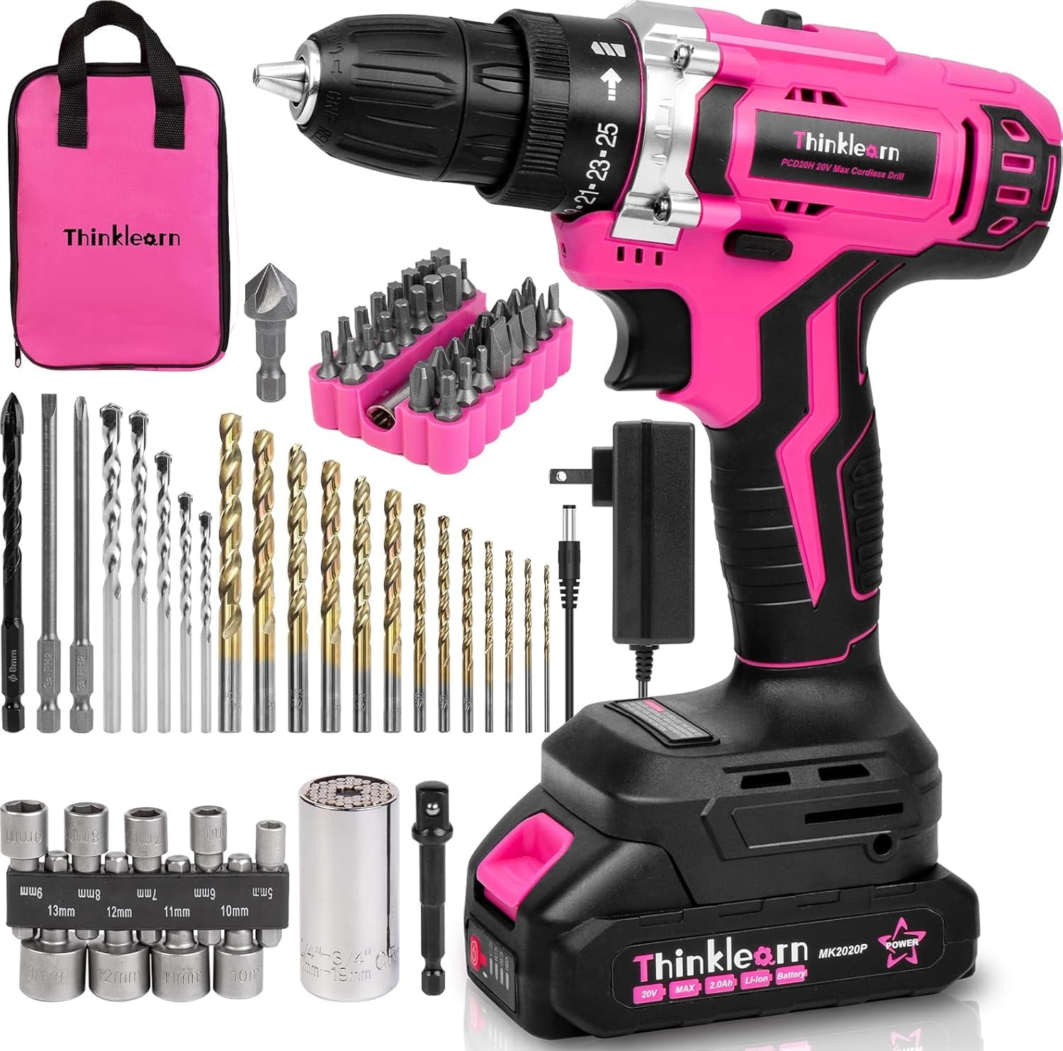 ThinkLearn Pink Cordless Drill Set, 20V Lithium-ion Power Drill Set for Women with 67Pcs Drill Driver Bits, 3/8"Keyless Chuck, 25+1 Position Electric Drill, 2.0Ah Battery, Fast Charger and Storage Bag