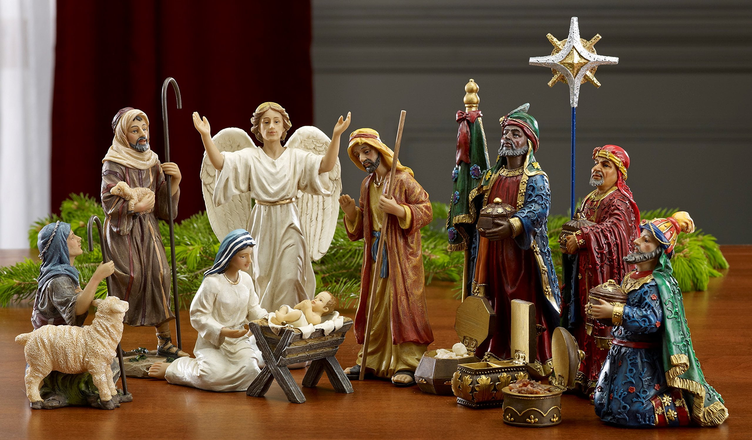Three Kings Nativity Figurines with Real Gold, Frankincense and Myrrh, Set of 11, 7 inch Scale