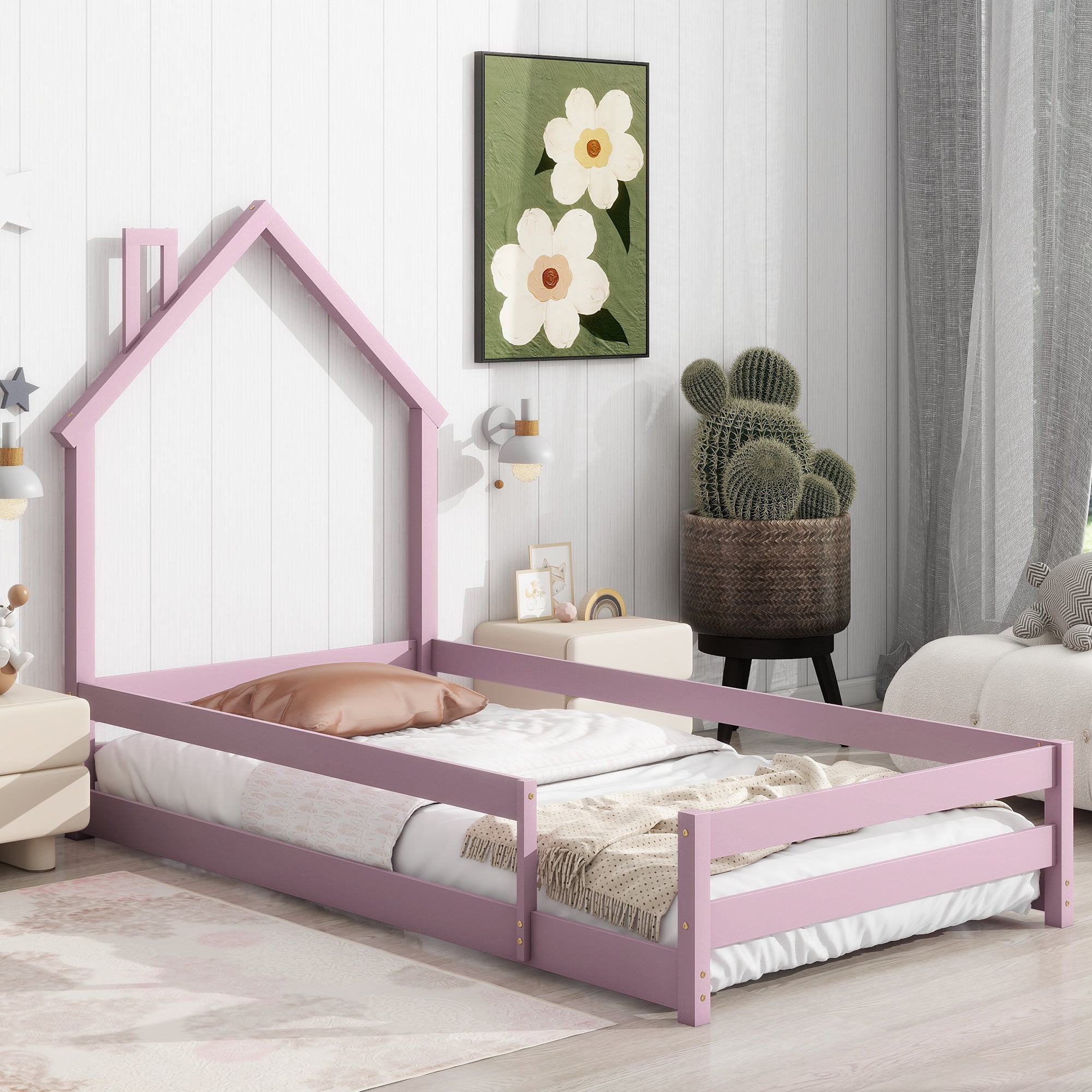 Twin Size Floor Bed with House-Shaped Headboard,Wooden Montessori Floor Bed with Fence Guardrails,Wood House Platform Bed for Girls and Boys, No Weight Limit,Pink