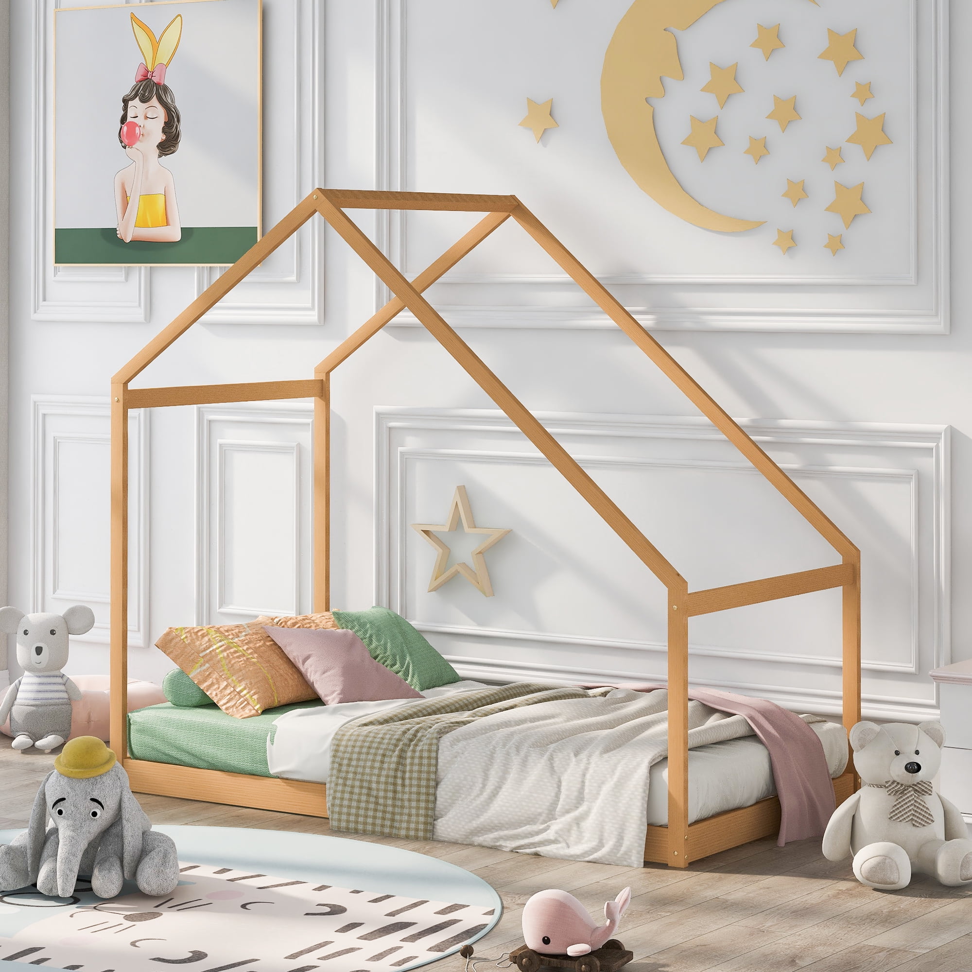 Twin Size House Bed for Kids, Wooden Montessori Bed with Roof, Twin Bed Frame Floor Bed for Bedroom, No Limited Capacity, Easy Assembly, Natural