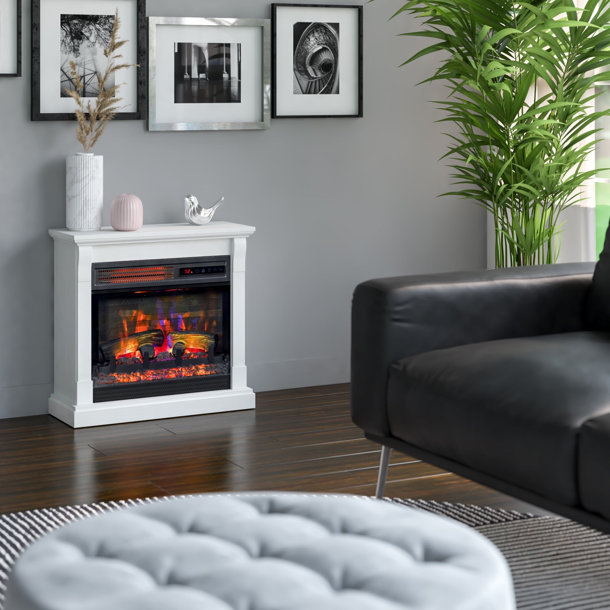 Twin Star Home Wall Mantel Electric Fireplace with 3D Flame Effect, White