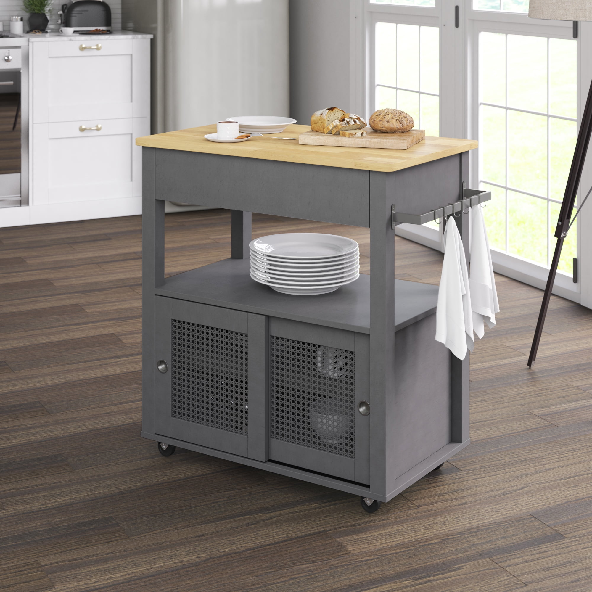 Twin Star Home Boho Kitchen Storage Cart with Sliding Doors, Antique Gray