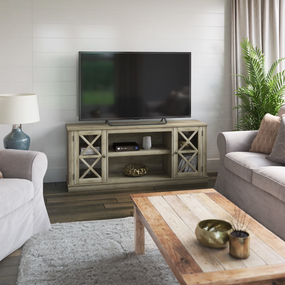 Twin Star Home Modern Farmhouse TV Stand for TVs up to 65” with Glass Doors, West Point Pine