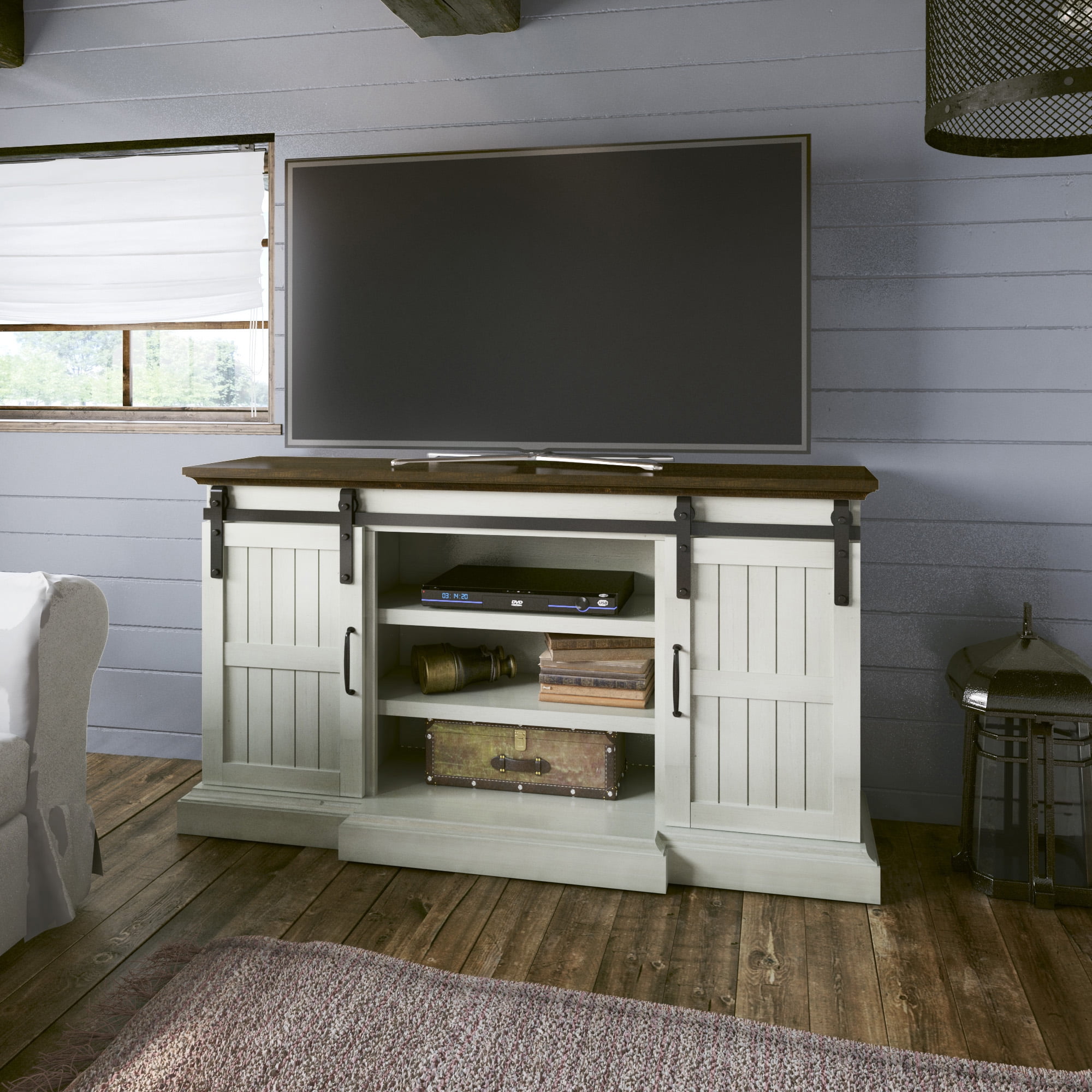 Twin Star Home Sliding Barn Door TV Stand for TVs up to 70” in Old Wood White