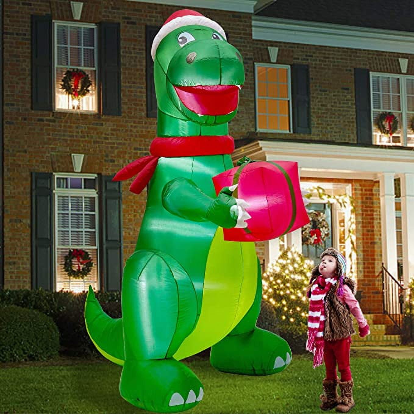 Twinkle Star Christmas 8FT Inflatables Lighted Green Dinosaur with Christmas Hat and Gift Box
