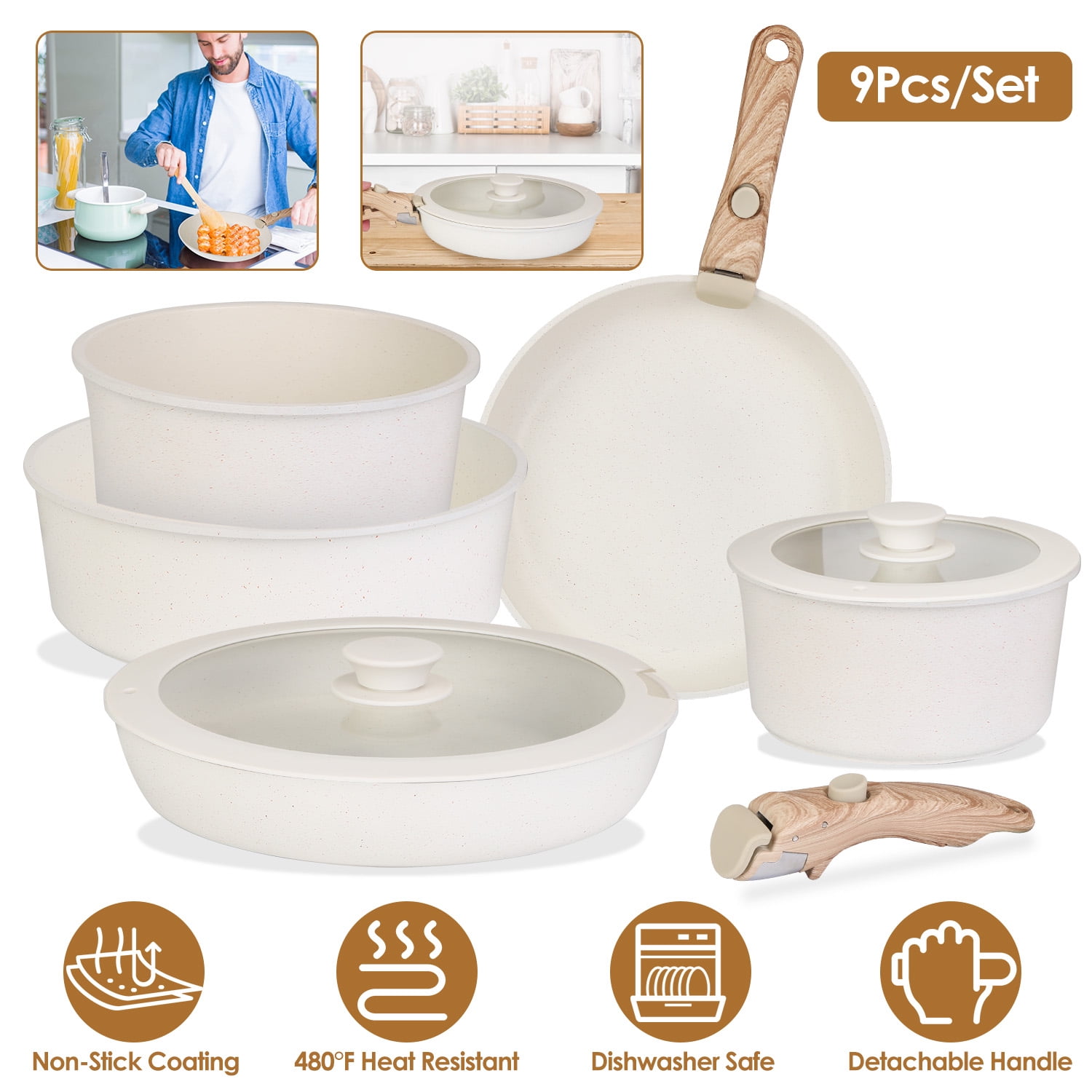 Tyethy 9Pcs Nonstick Cookware Set Kitchen Pots and Pans Set With Detachable Handles Tempered Glass Lids Dishwasher Oven Safe Aluminum Alloy Kitchen Cookware Set