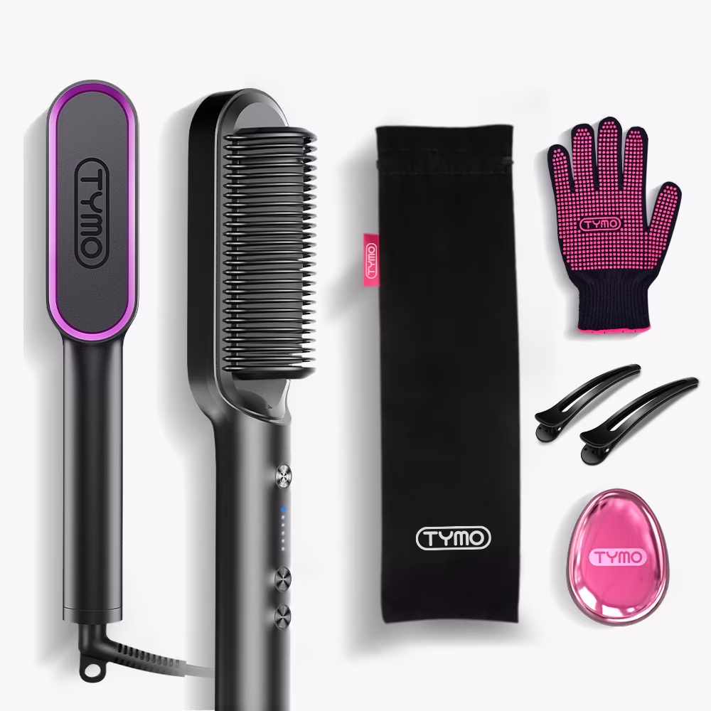 TYMO RING Hair Straightener Brush, Anti-Scald Ceramic Heated Straightening Flat Iron Comb, Frizz Control & Smooth Shine, Dual Voltage, Black