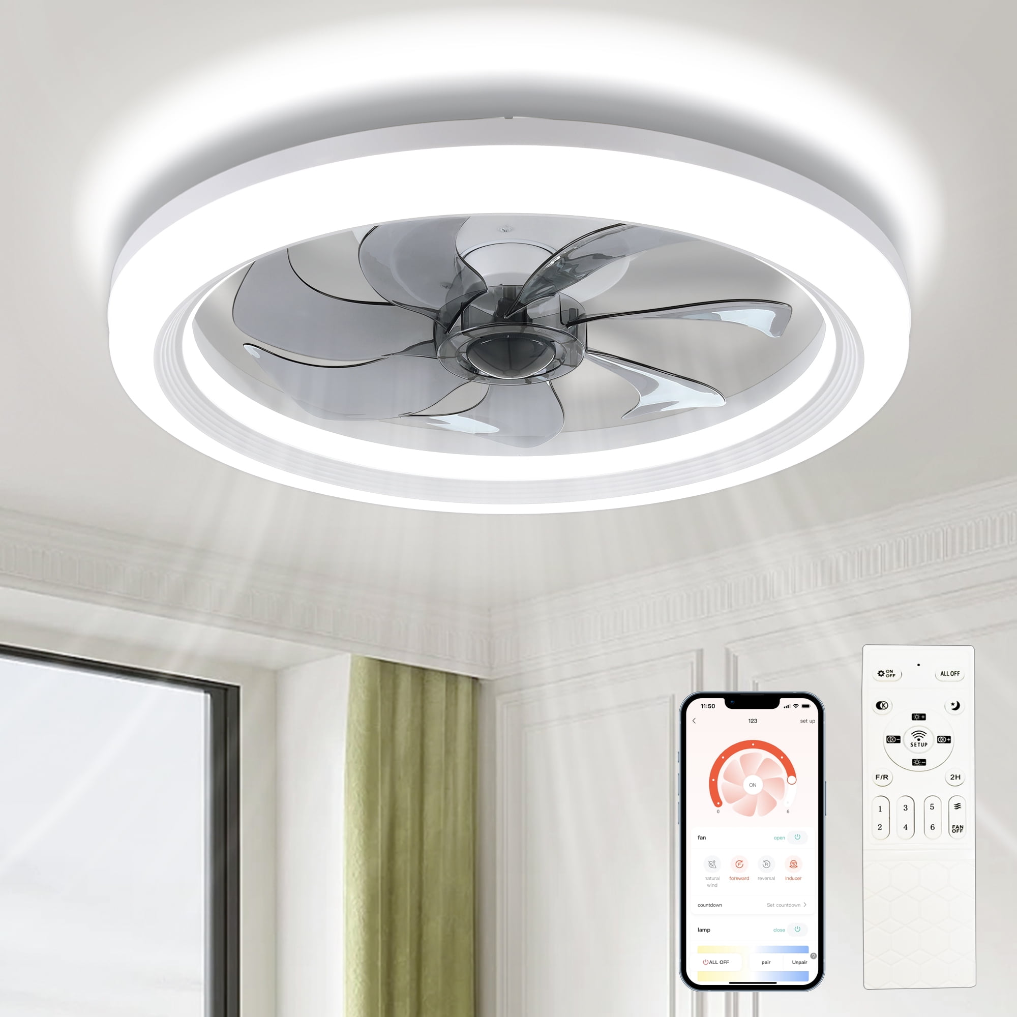AGTANA 20'' Bladeless Ceiling Fans with Lights and Remote Control, Dimmable LEDs Lights, 6-Speeds