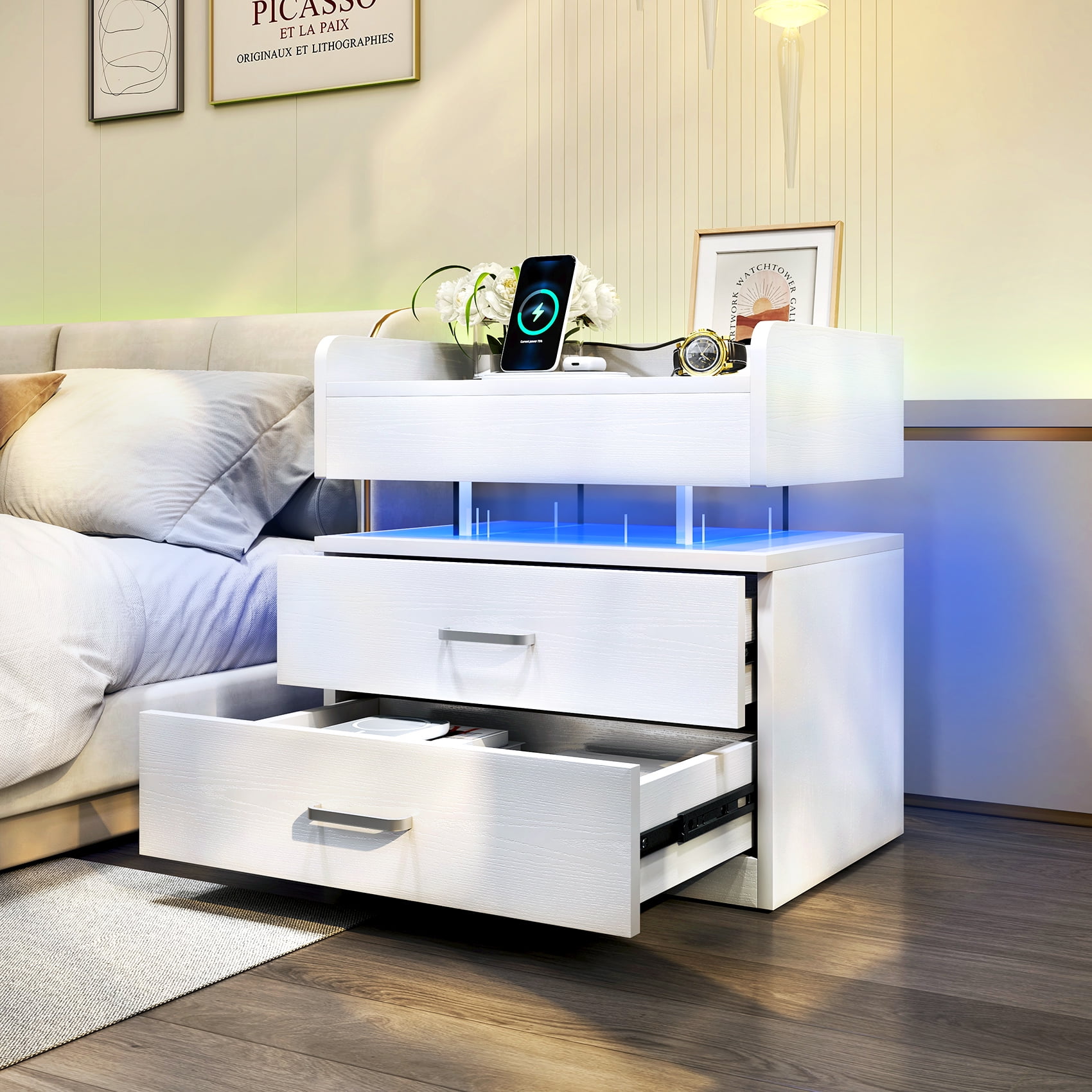 TC-Homeny Modern Storage Wood End Table with USB Charging Ports, White