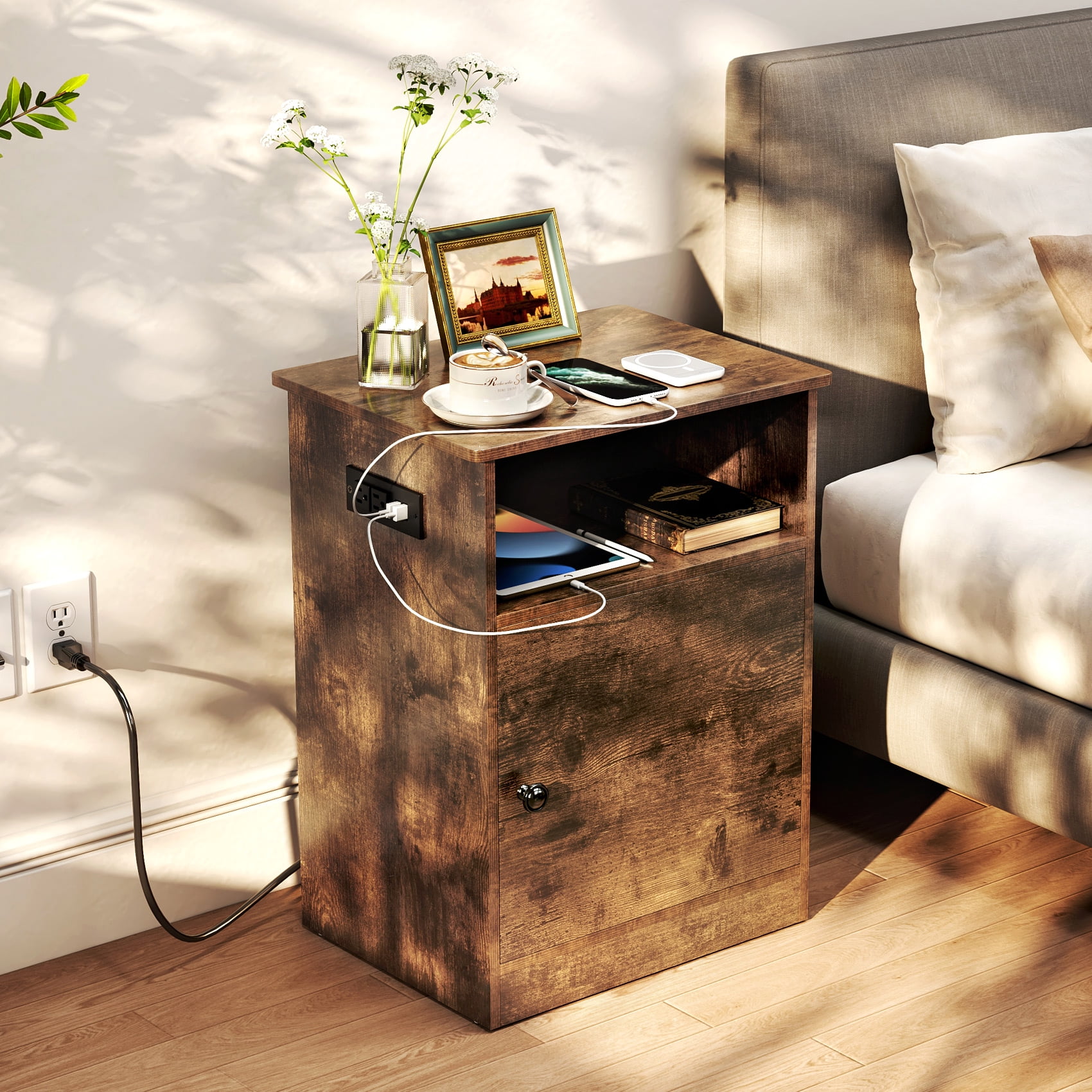 TC-HOMENY Nightstand with Charging Station Modern End Side Table with Storage Cabinet & USB Ports & Power Outlets for Bedroom Living Room