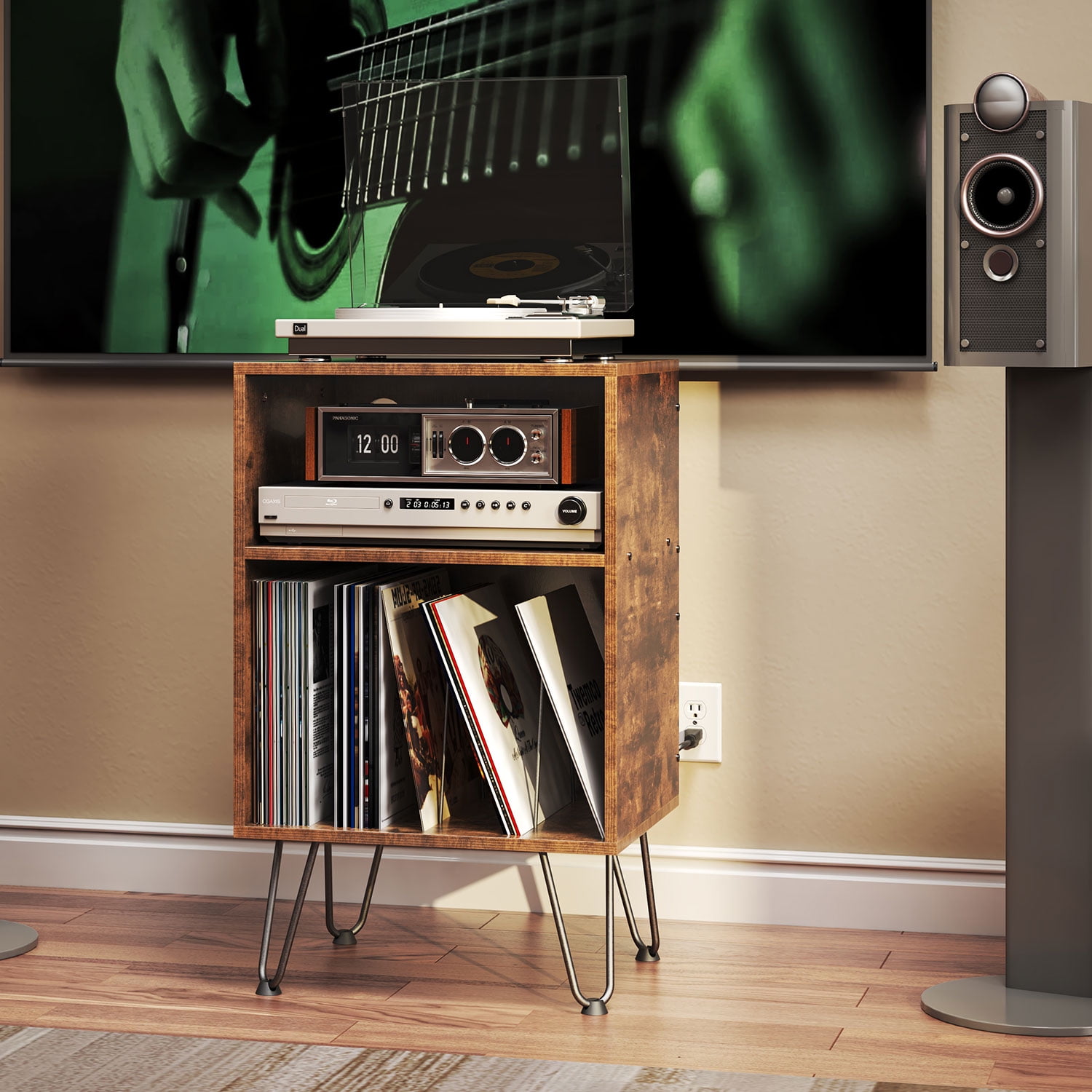 TC-Homeny Revival Series 3-Tier Record Player Stand with 2 USB Ports & Metal Legs, Rustic Brown