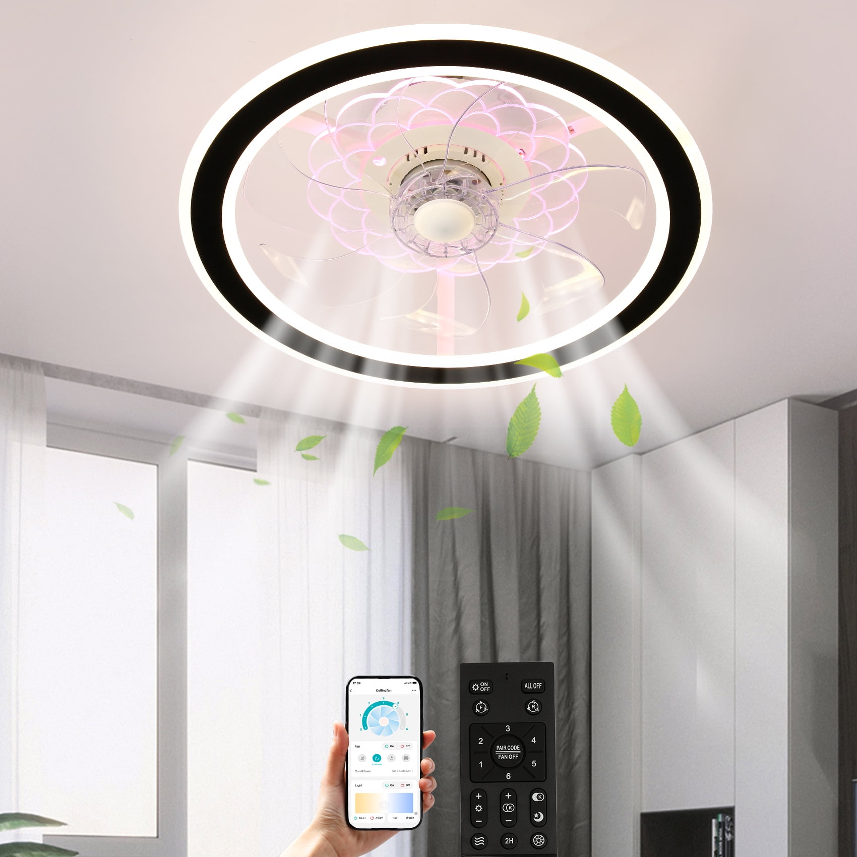 TCFUNDY 18" LED Ceiling Fan Light Kit, Low Profile Ceiling Fan with Light, Modern Style Chandelier, Remote & App Control, White