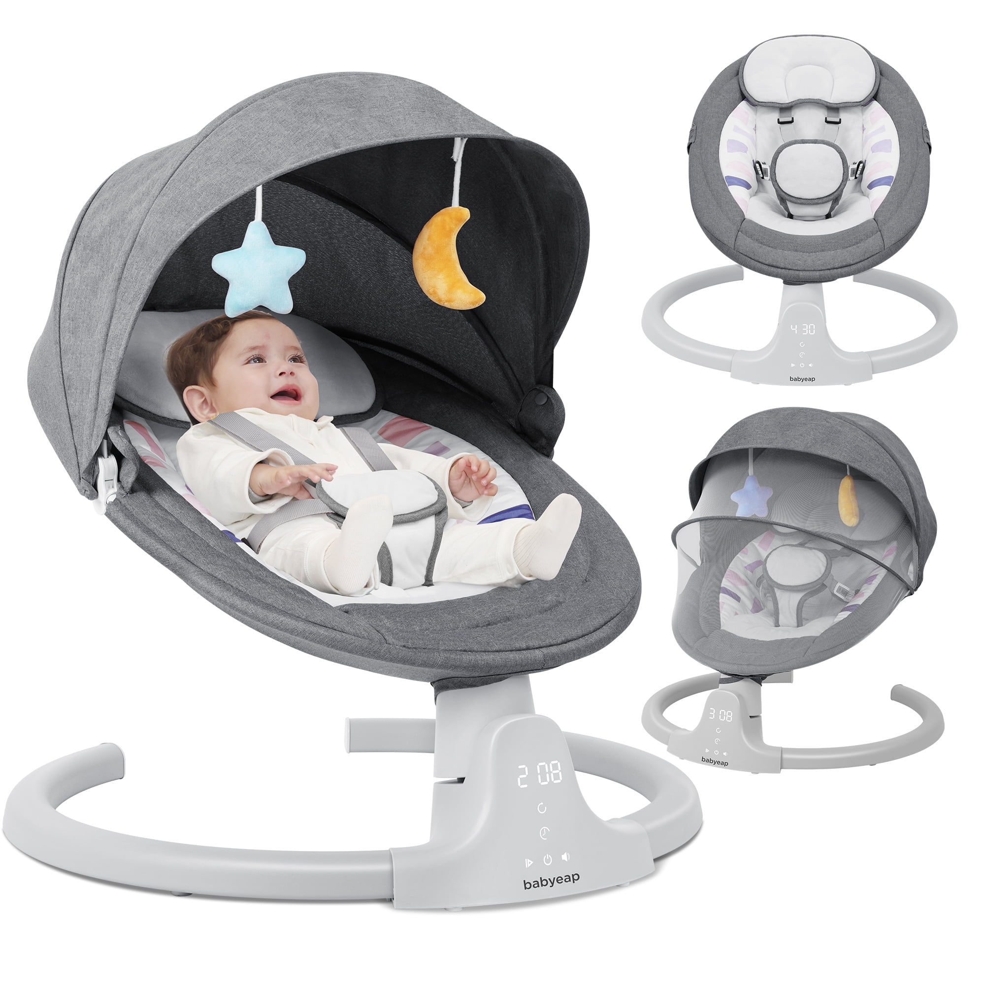 Babyeap Baby Swing for Infants - APP Remote Bluetooth Control, 5 Speed Settings, 10 Lullabies, USB Plug (Gray)