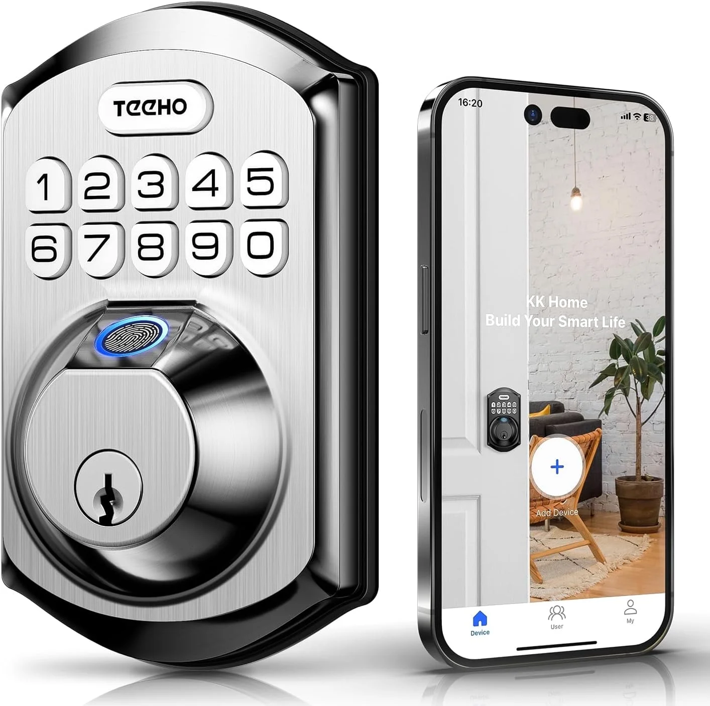TEEHO Fingerpint Keyless Entry Keypad, Smart Digital Deadbolt Door Lock for Front Door, Remotely Share Temporary PIN Code, Easy Installation-Satin Nickel