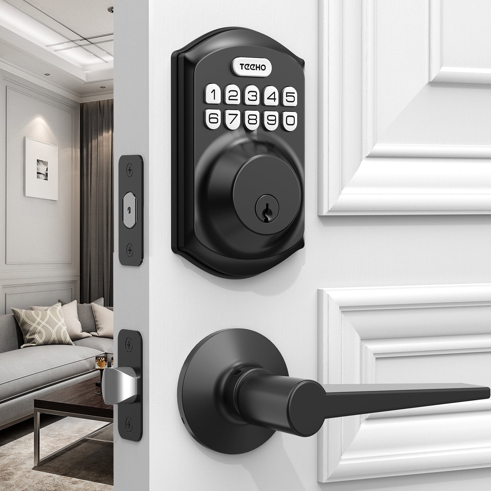TEEHO Keyless Entry Door Lock with 2 Handles ‎Set, Keypad Deadbolt Smart Door Locks, Electronic Digital Lock for Home Front Door Easy Installation- Matte Black
