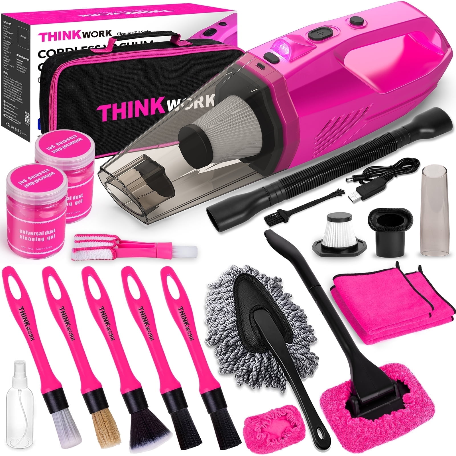 THINKWORK Car Detailing Kit Interior Cleaner, Car Cleaning Kit with 8000PA Cordless Pink Handheld Vacuum Cleaner, Car Interior Detailing Brush Set, Pink Car Accessories, Gift for Women