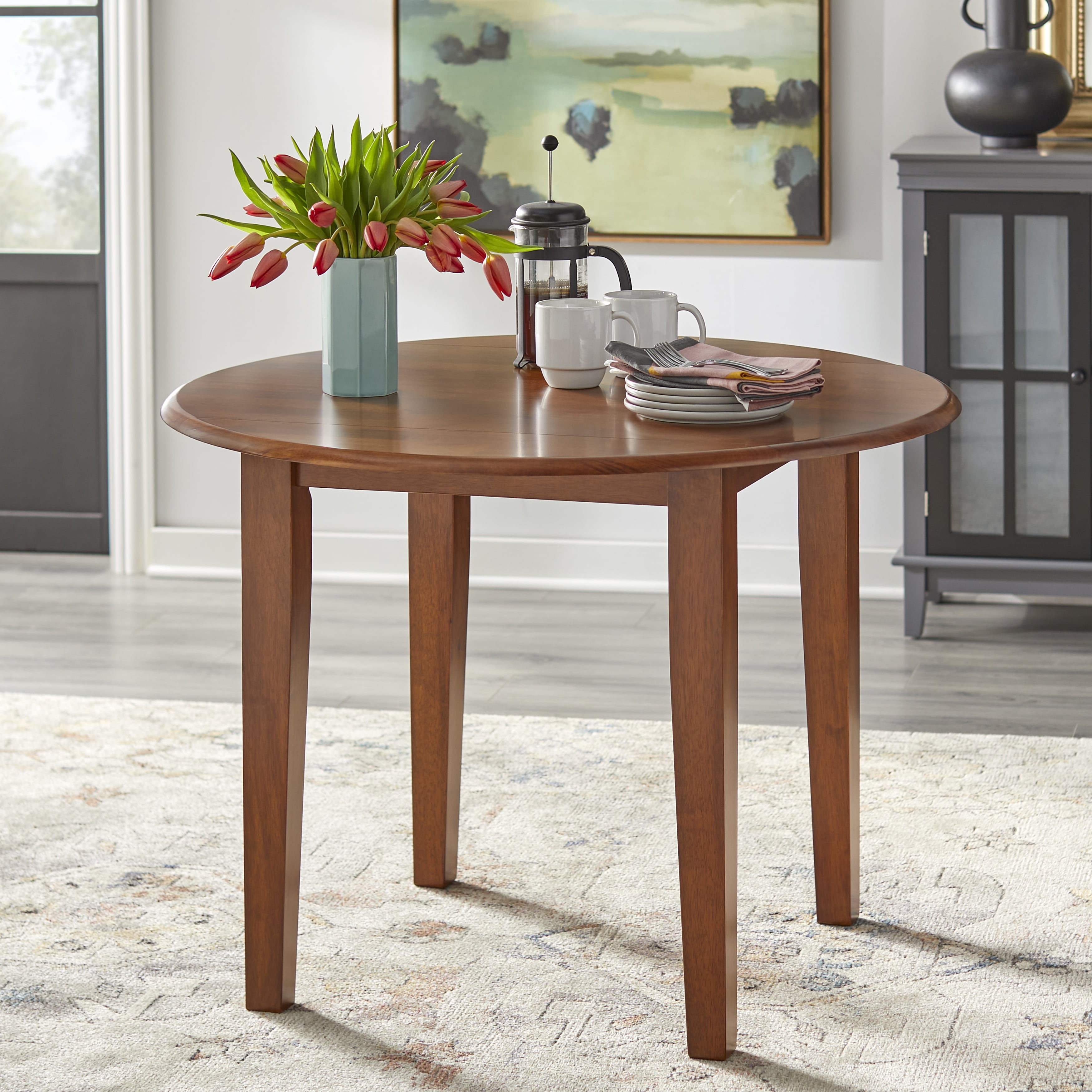 TMS Chadwick 40” Round Solid Wood Drop Leaf Dining Table, Walnut