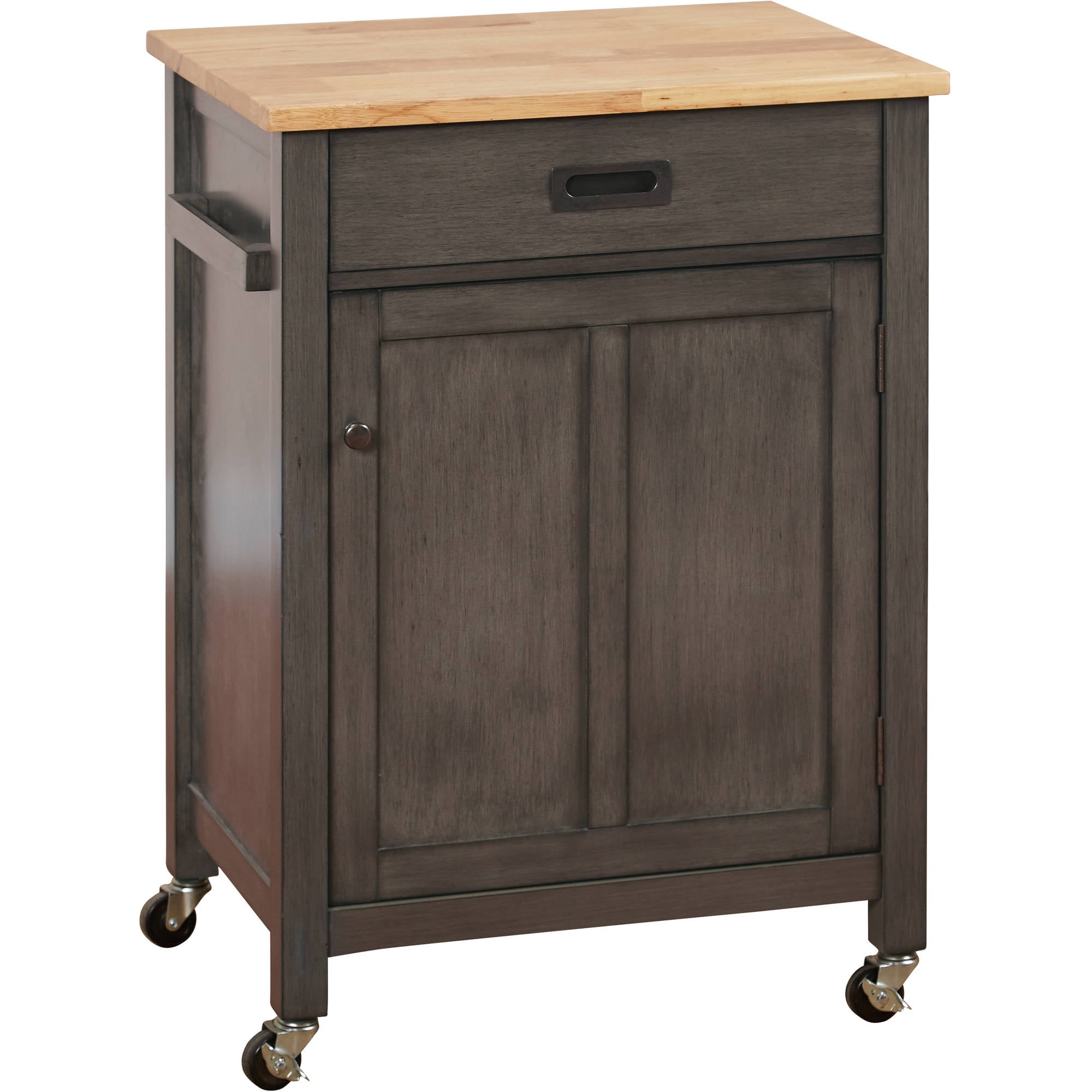 TMS Jacksonville Butcher Block Rolling Kitchen Storage Cart with Cabinet, Drawer, and Towel Rack, Weathered Gray