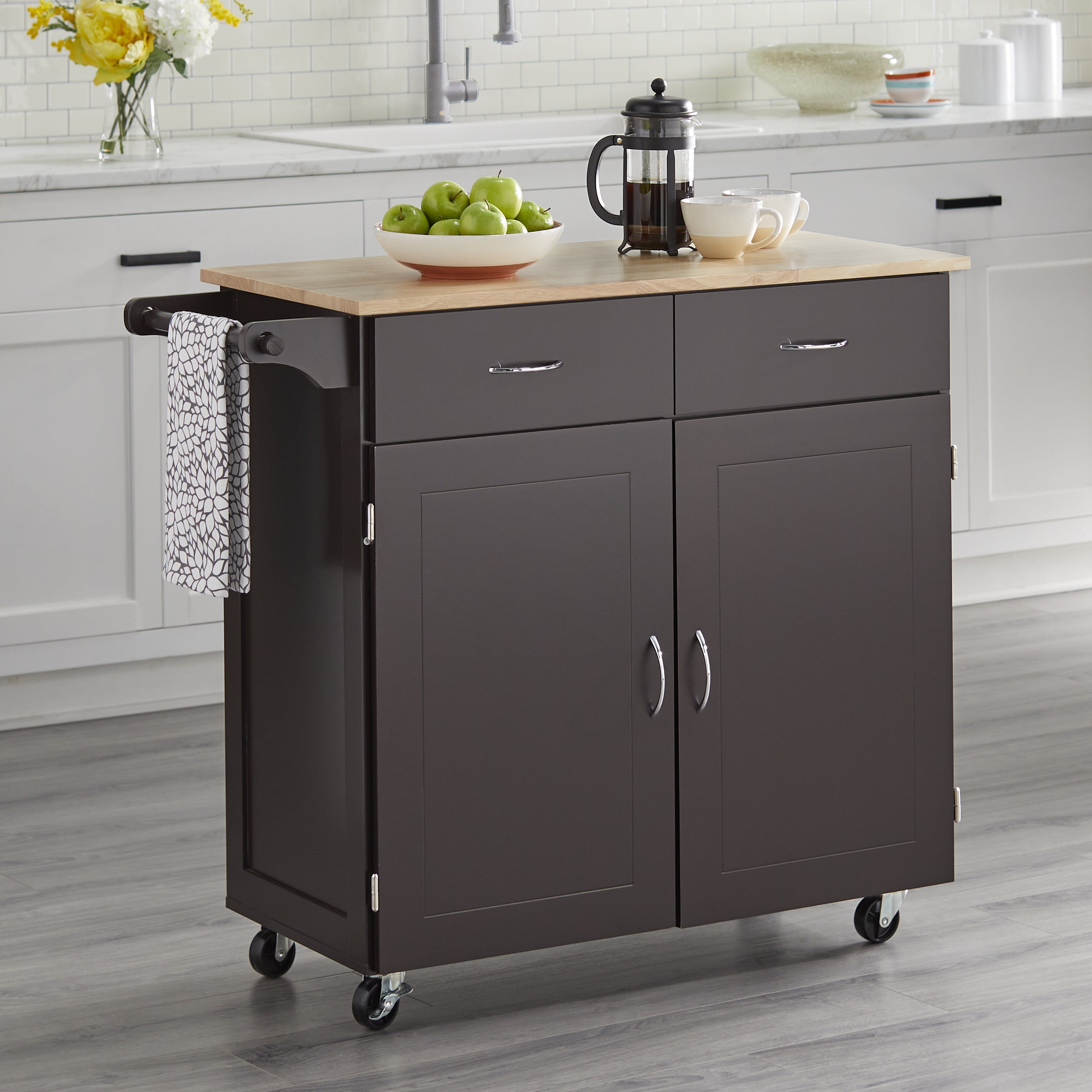 TMS Large Kitchen Cart with Wood Top, Black