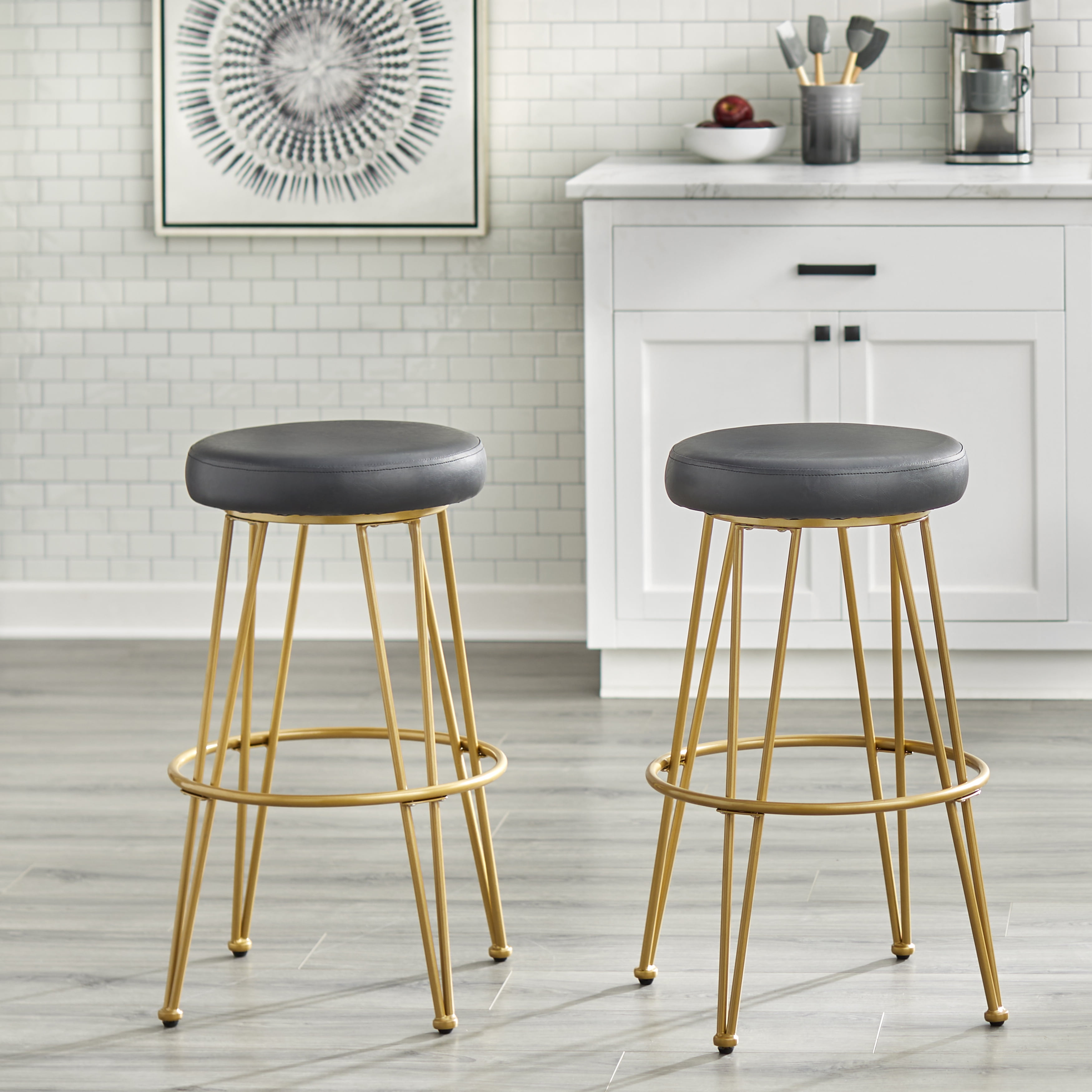 TMS Magnus Bar 24” High Backless Counter Stool, Set of 2, Black Faux Leather Seat/Gold Metal Frame
