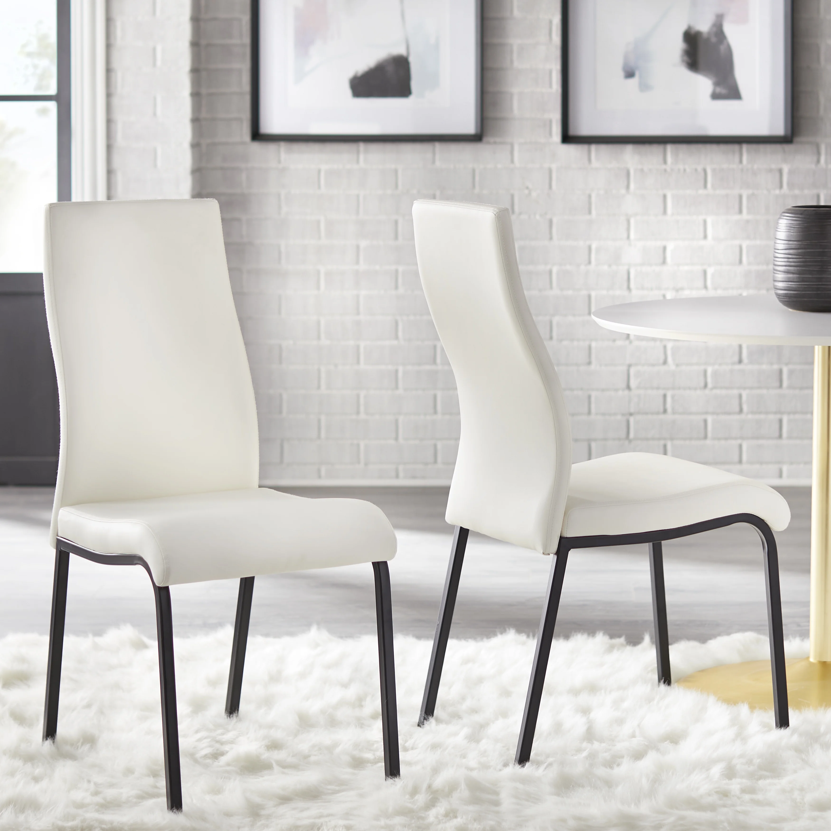 TMS Nora Upholstered Modern Dining Chair, Set of 2, White with Black Metal Legs