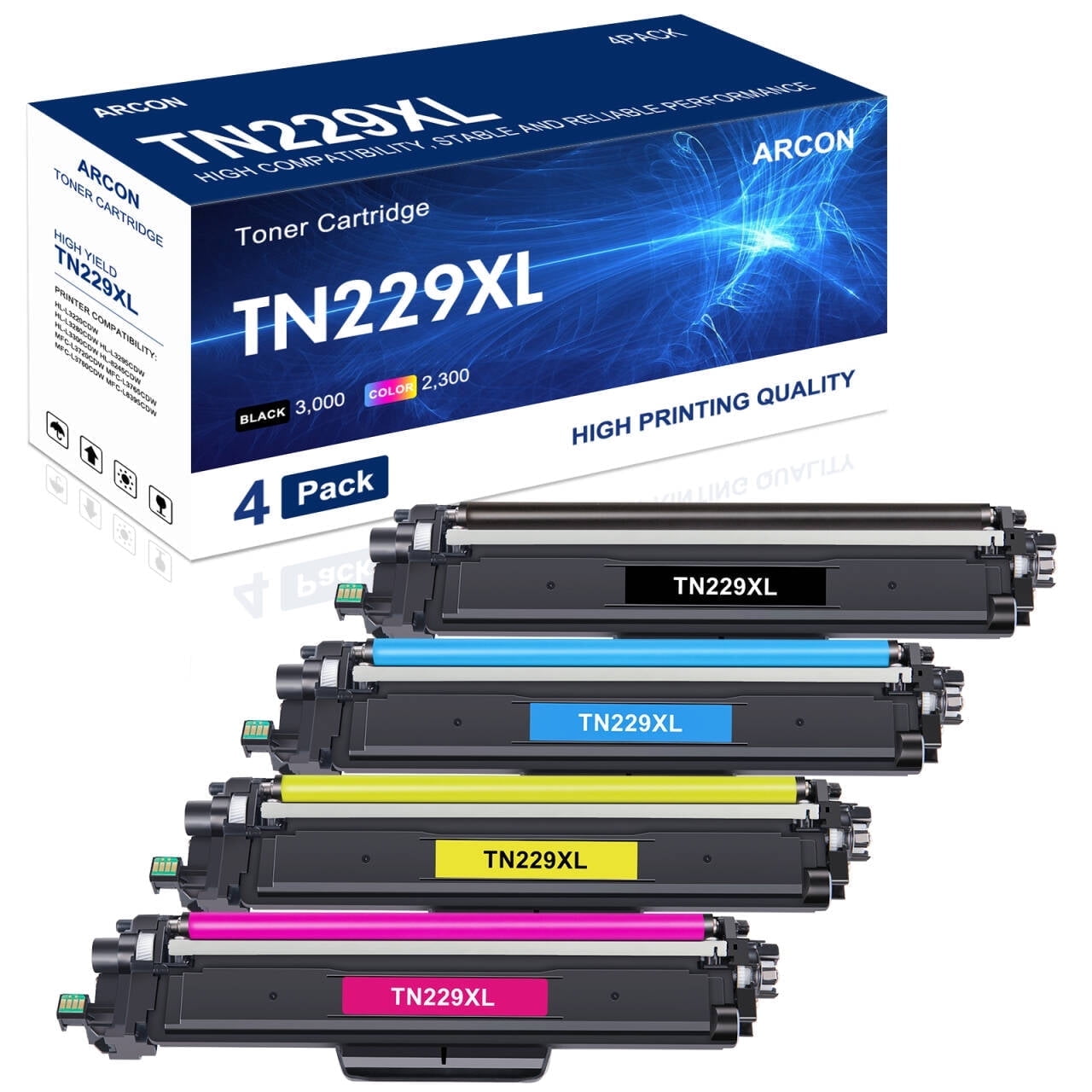 TN229XL TN229 Toner Cartridge with Chip Compatible for Brother TN-229 TN-229XL for MFC-L3780CDW MFC-L3720CDW HL-L3280CDW HL-L3220CDW HL-L3300CDW Printer (Black Cyan Magenta Yellow,4-Pack)