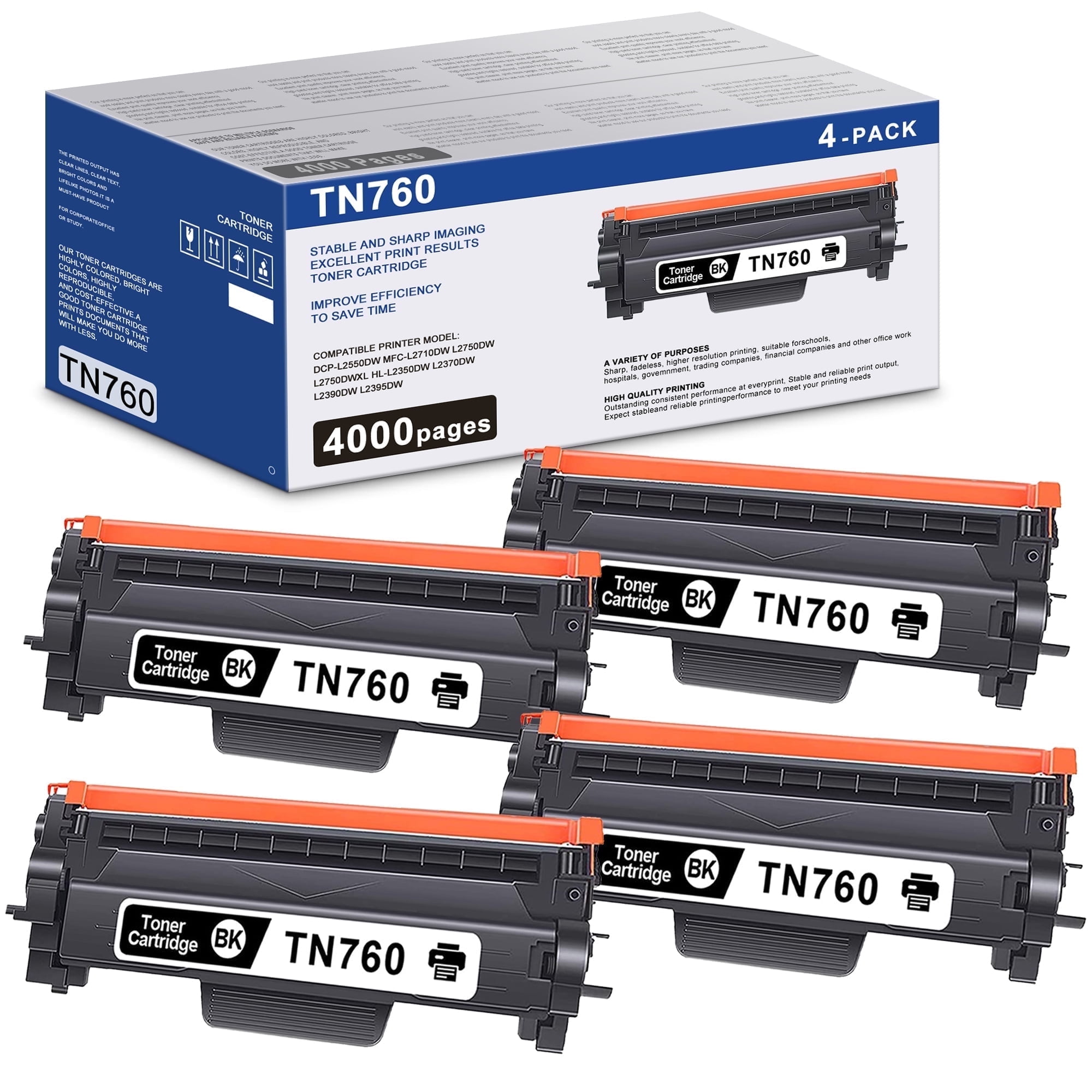 TN760 TN-760 Toner Cartridge 4 Pack Compatible for Brother TN760 TN-760 TN730 TN-730 For DCP-L2550DW MFC-L2710DW Printer