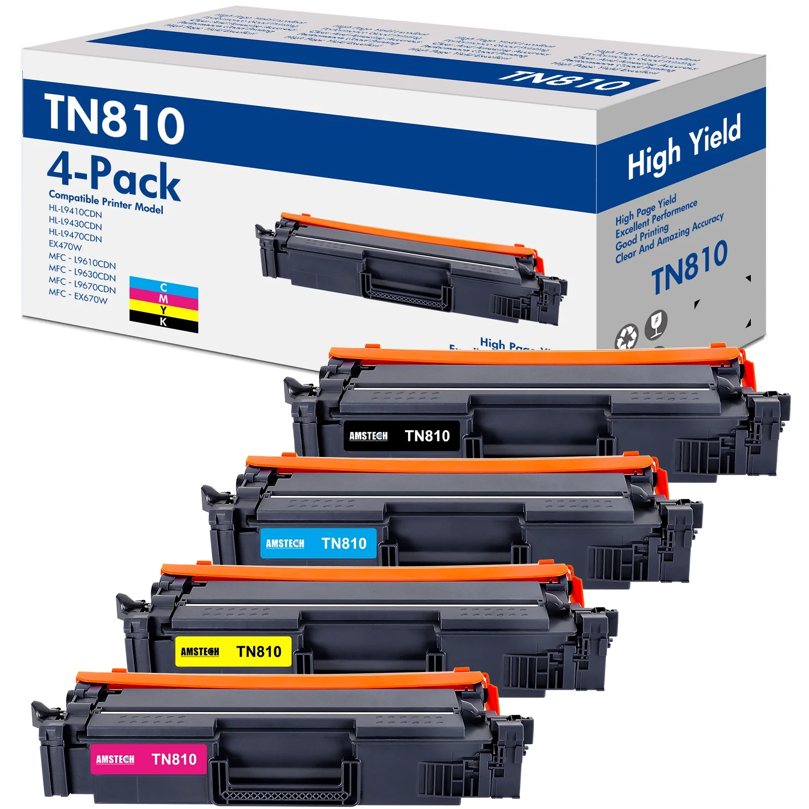 TN810 Toner Cartidge Replacement 4-Pack Compatible for Brother TN-810 HL-L9410CDN HL-L9430CDN HL-L9470CDN HL-EX470W MFC-L9610CDN MFC-L9630CDN MFC-L9670CDN MFC-EX670W(Black Cyan Yellow Magenta)