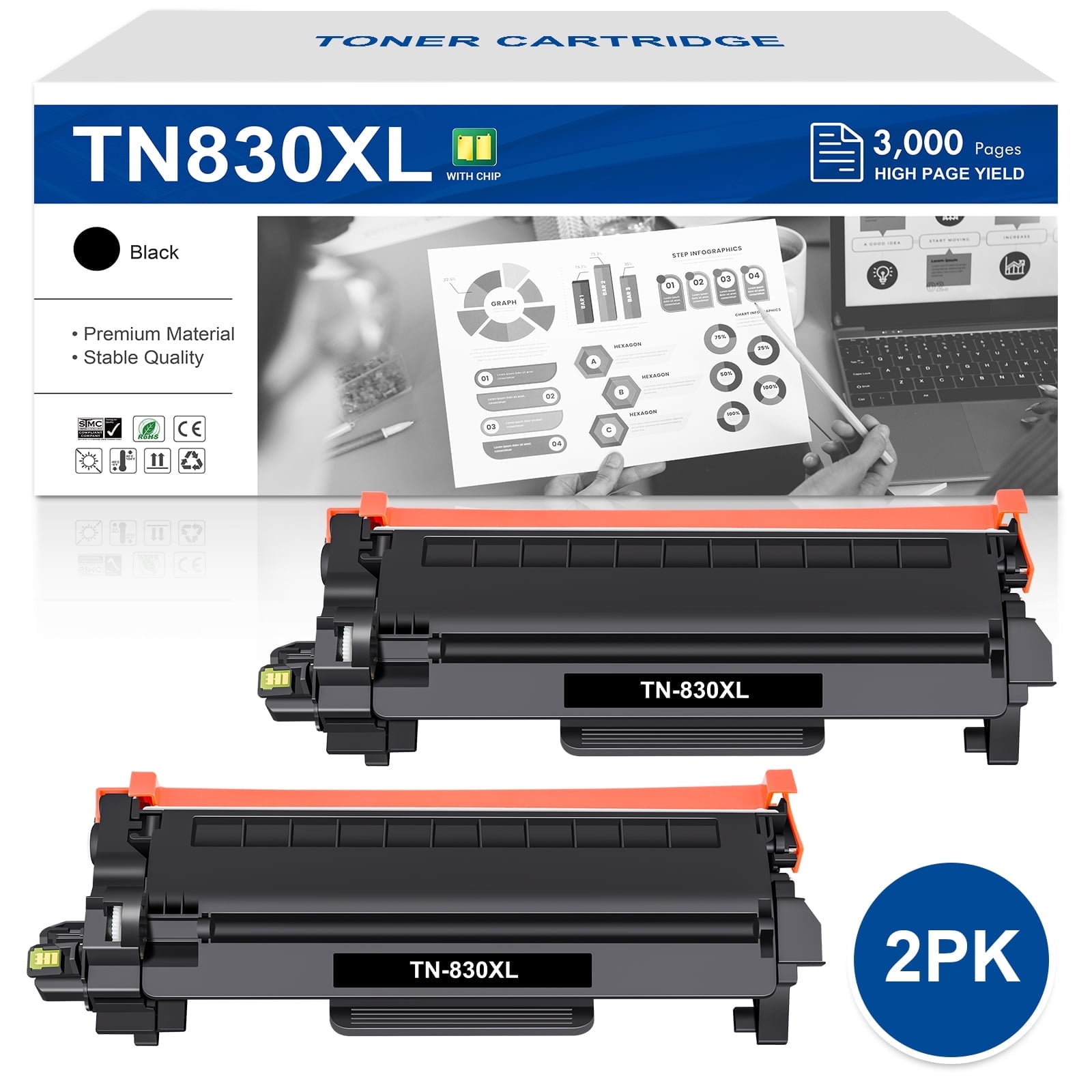 TN830XL TN830 Black High Yield Toner Cartridge Compatible for Brother TN830XL TN830 TN-830 DCP-L2640DW HL-L2460DW HL-L2405W MFC-L2820DW HL-L2400D L2405W L2480DW MFC-L2820DWXL Printer Ink 2-Pack