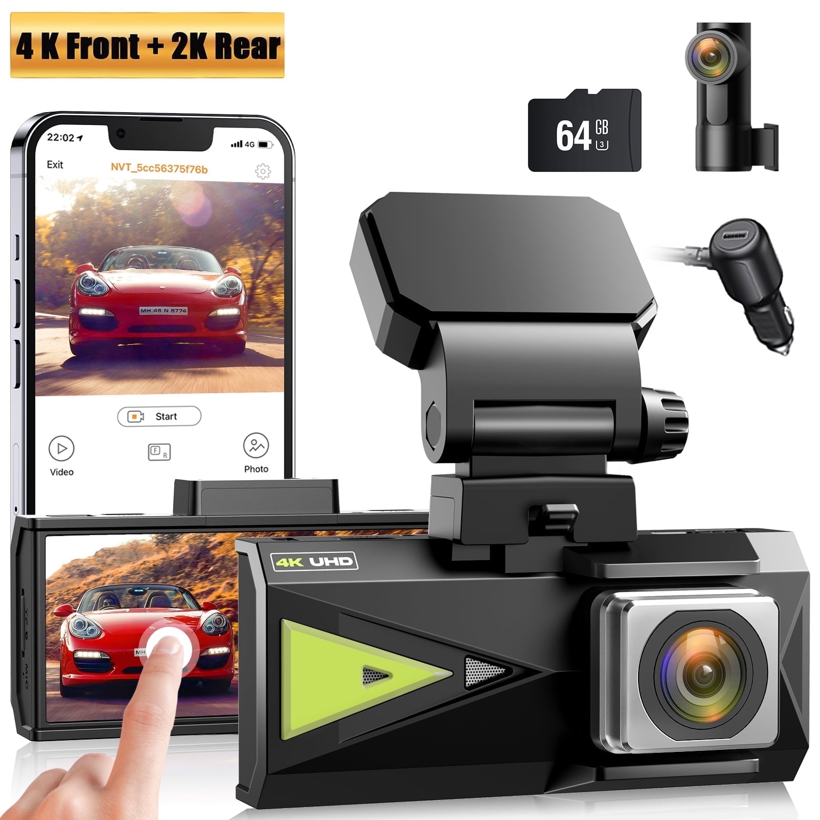 TOGUARD Dash Cam 4K with 5Ghz Wifi GPS 4K+2K Dash Cam Front and Rear 3.16” Touch Screen Dual Night Vision Car Camera, Voice Commands, WDR, Type C, with 64GB Memory Card