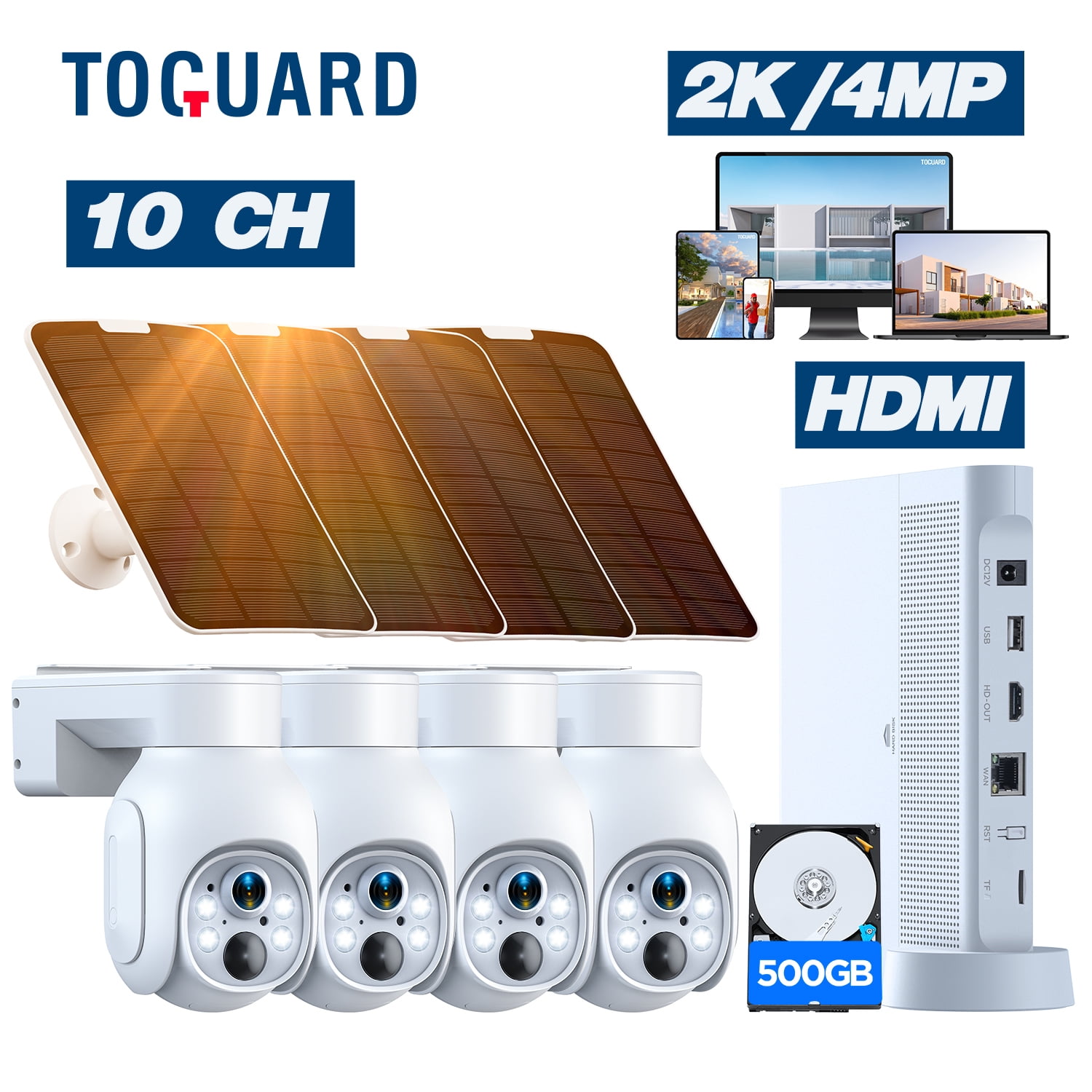 TOGUARD SC23 10CH 4MP Solar Wireless Security Camera System Outdoor Battery WiFi Dome Surveillance Camera NVR HDMI Connector