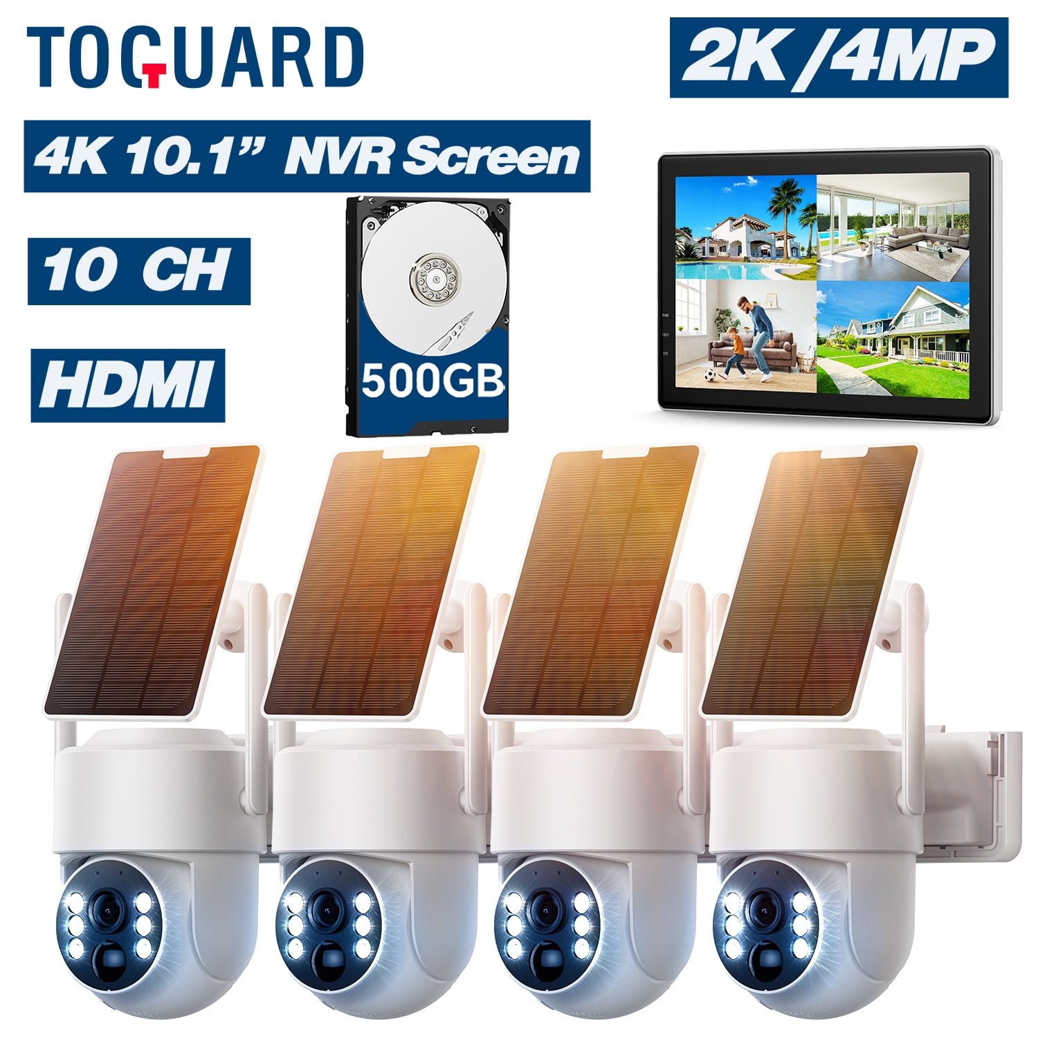TOGUARD SC43 2K/4MP Solar Wireless Security Camera System with 10CH 10.1" NVR Monitor Outdoor Battery WiFi Dome Surveillance Camera HDMI Connector