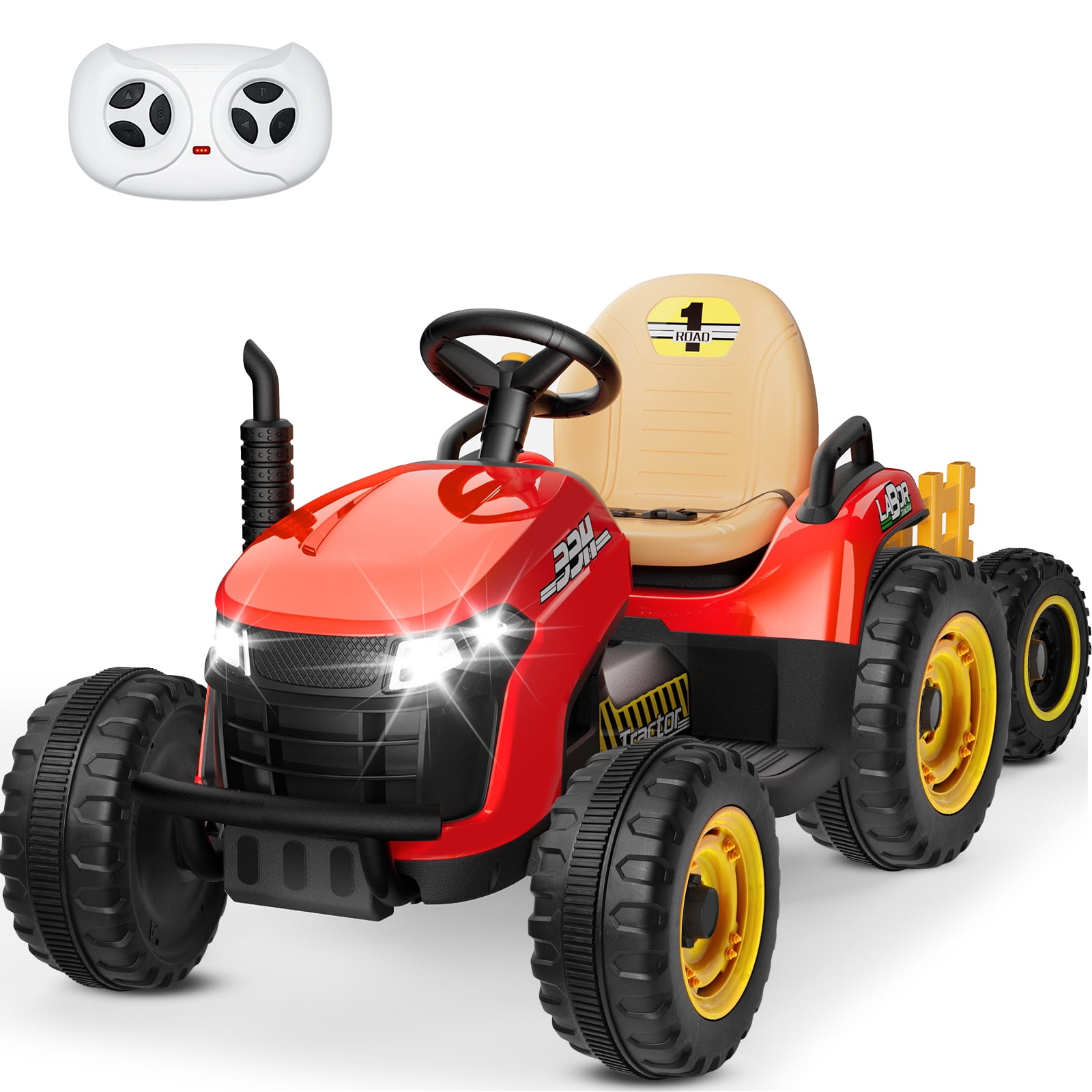 TOKTOO 12V Powered Ride on Tractor w/ Tippable Trailer, Remote Control, MP3, Bluetooth, LED light, Electric Car for Kids-Red
