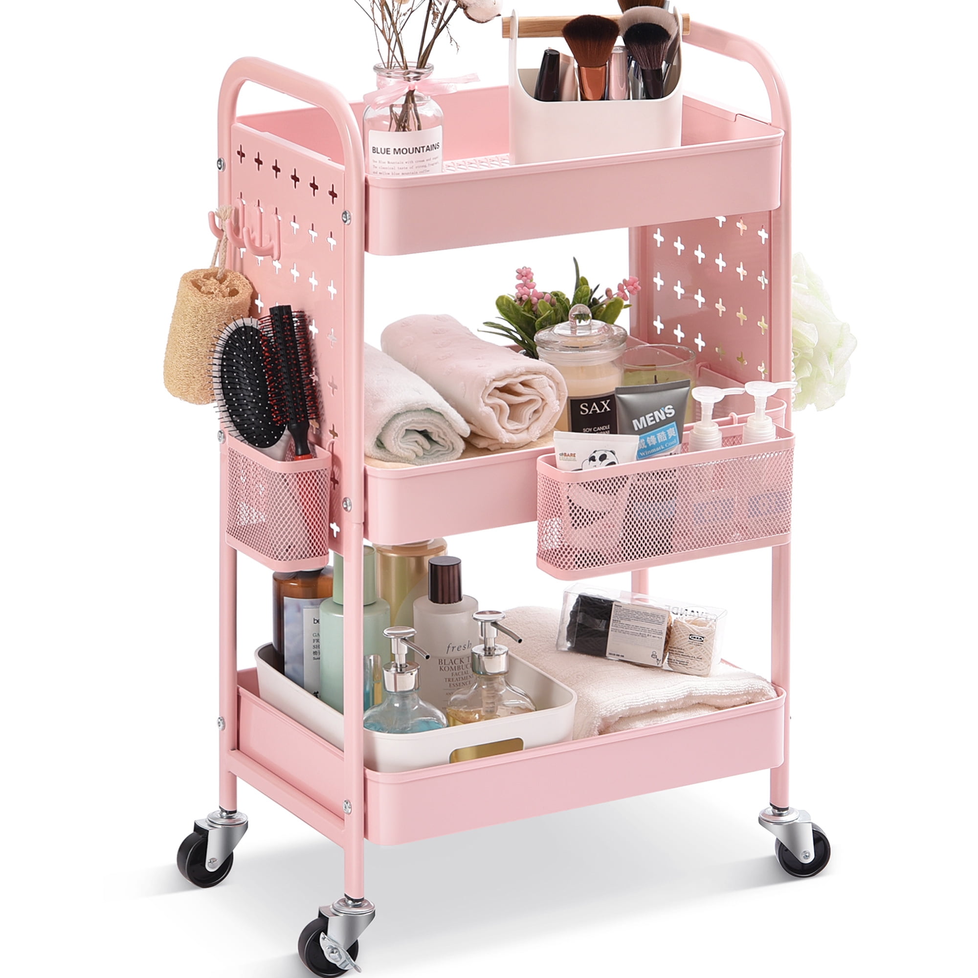 TOOLF 3-Tier Rolling Cart, Utility Storage Cart with DIY Dual Pegboards, Organizer Serving Trolley, Pink