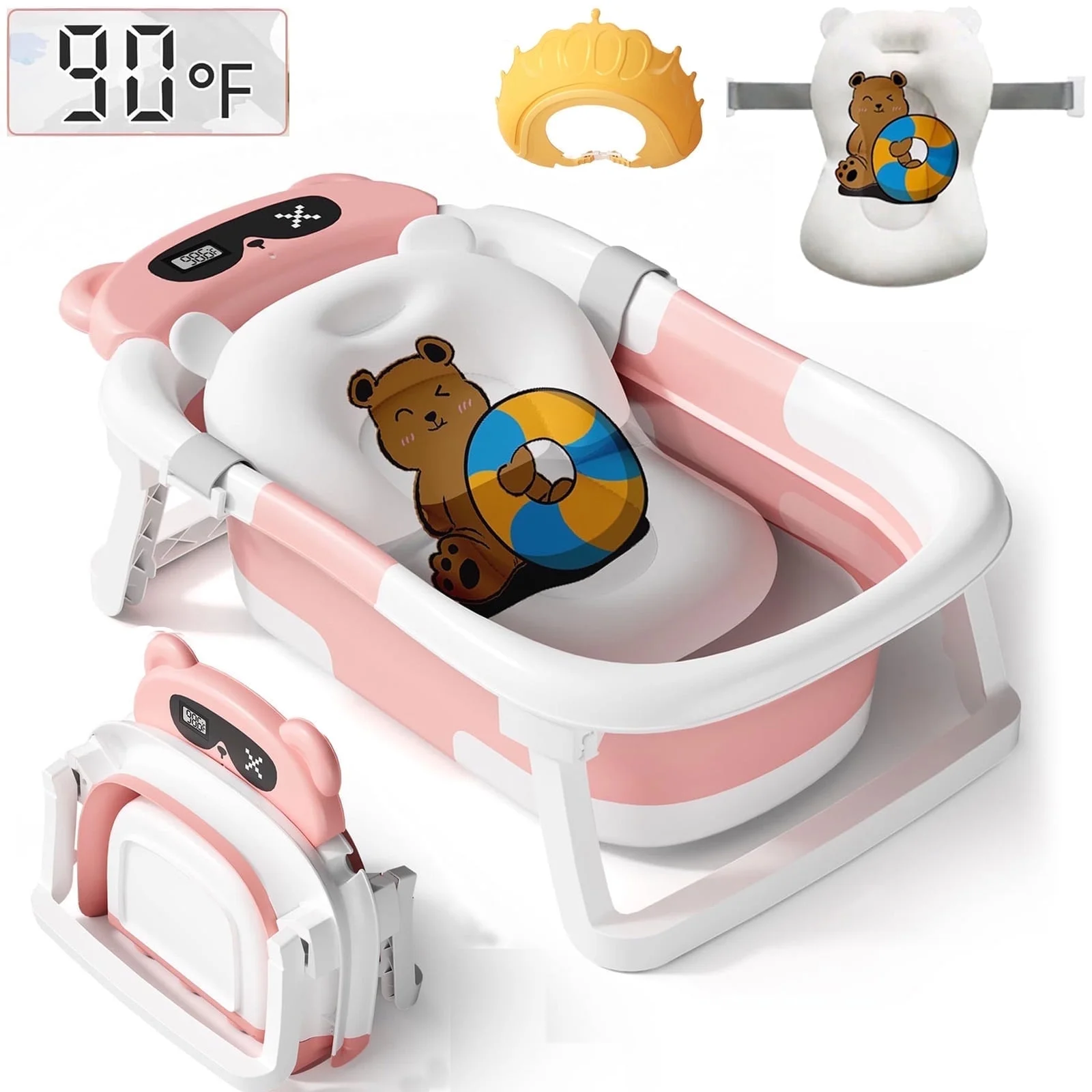 TOPCHANCES Collapsible Baby Bathtub with Thermometer, Newborn Shower Tub with Baby Tub Cushion & Bath Cap, Portable Baby Folding Bathtub for 0-12 Month Newborn, Pink