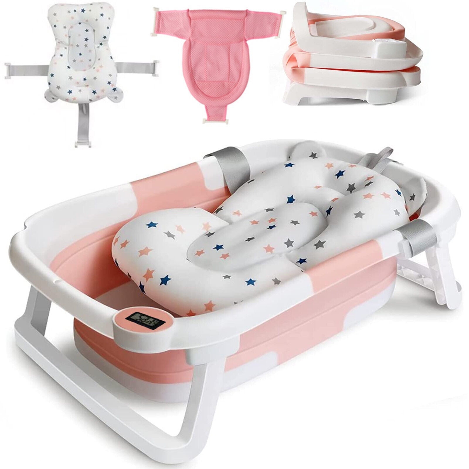 TOPCHANCES Collapsible Baby Bathtub with Thermometer, Portable Baby Shower Tub + Baby Tub Cushion + Bath Net, Folding Bathtub for 0-36 Month Newborn (Pink)