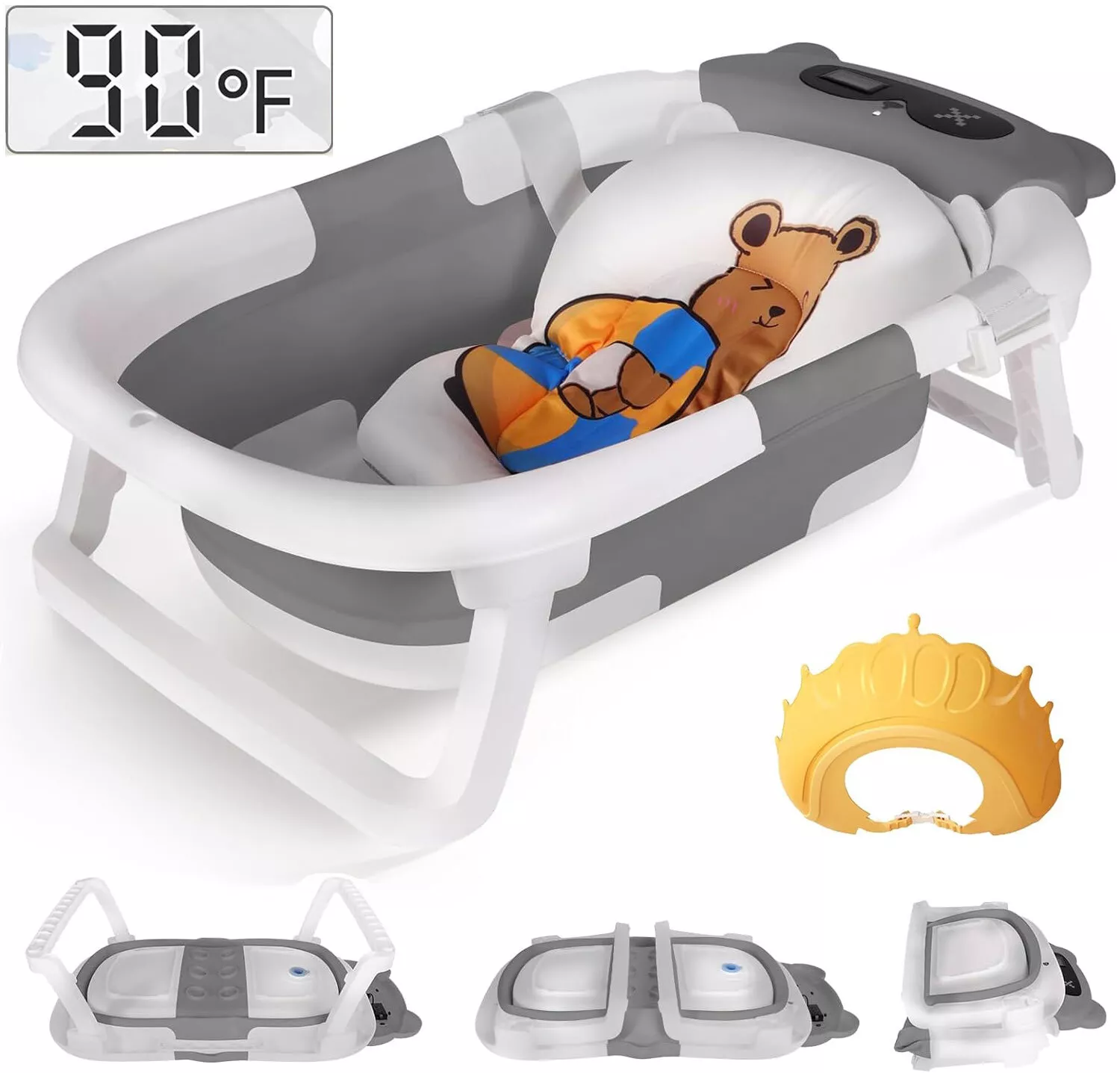 TOPCHANCES Foldable Baby Bathtub for Infants to Toddler, Portable Travel Bathtub with Thermometer & Bath Cushion & Bath Cap, Baby Bathtub for Newborn 0-12 Month (Grey)