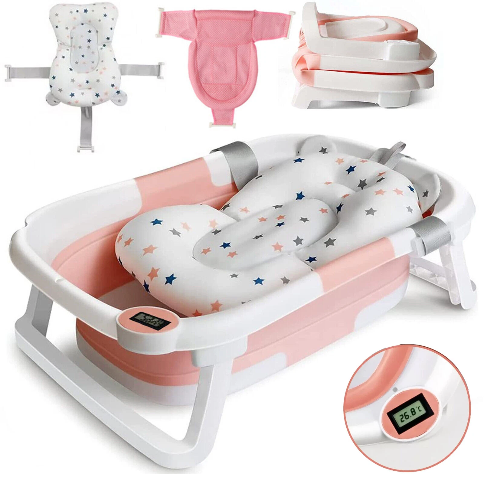 TOPCHANCES Folding Baby Bathtub, Travel Bathtub Newborn Bath Tub with Bath Cushion & Bath Net, Pink