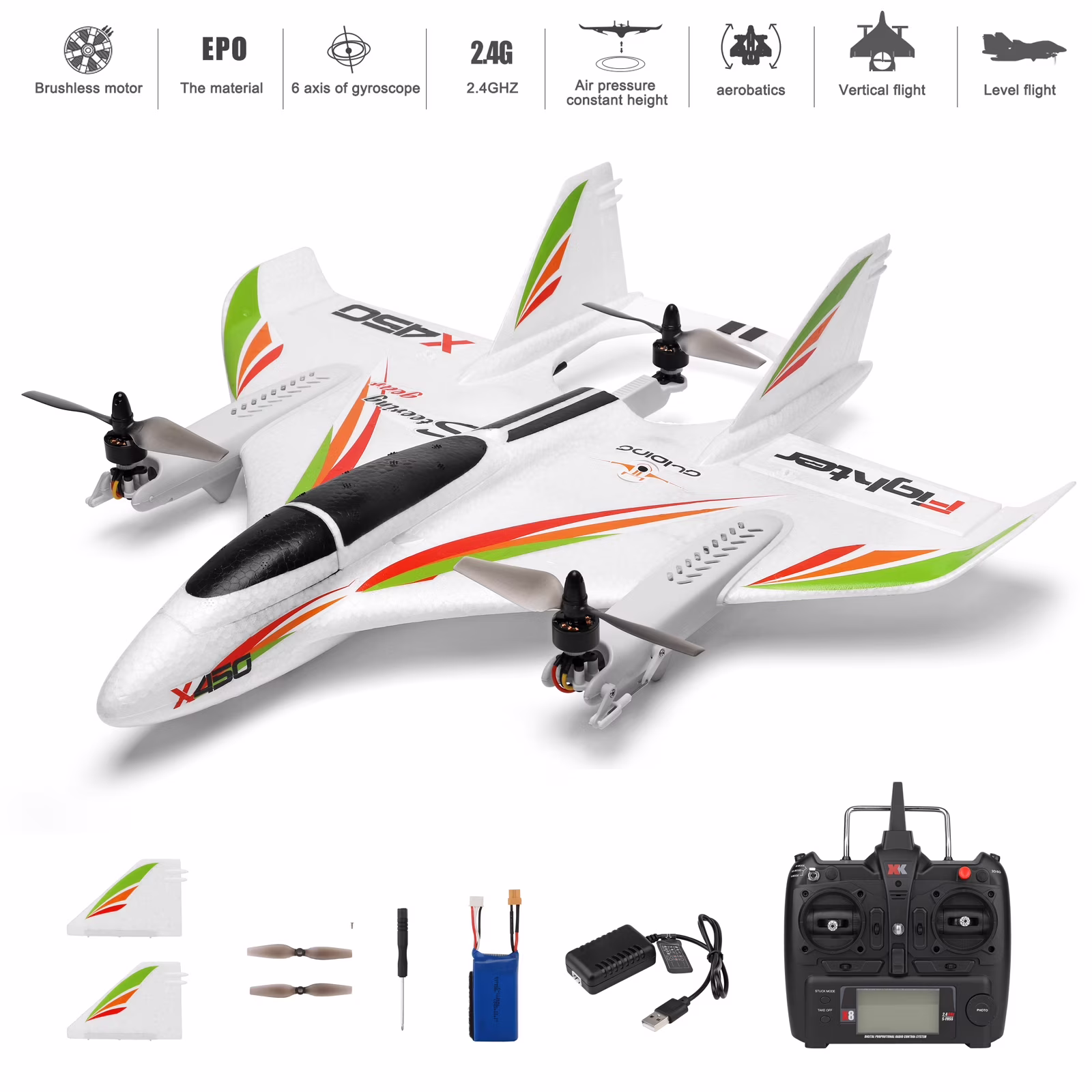 TOPTENG WLtoys XK X450 RC Airplane, 2.4G Remote Control 6 Channel Brushless Motor Aircraft, Vertical Takeoff LED RC Glider Fixed Wing Plane RTF