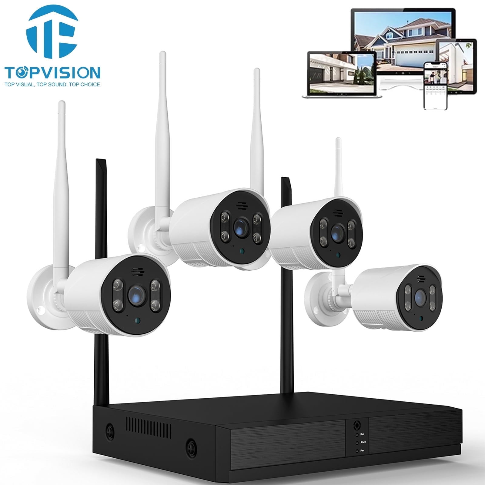 TOPVISION 4Pcs Wireless 1080P 8CH 3MP Surveillance Cameras with Color Night Vision, IP66 Waterproof, Wi-Fi APP Control