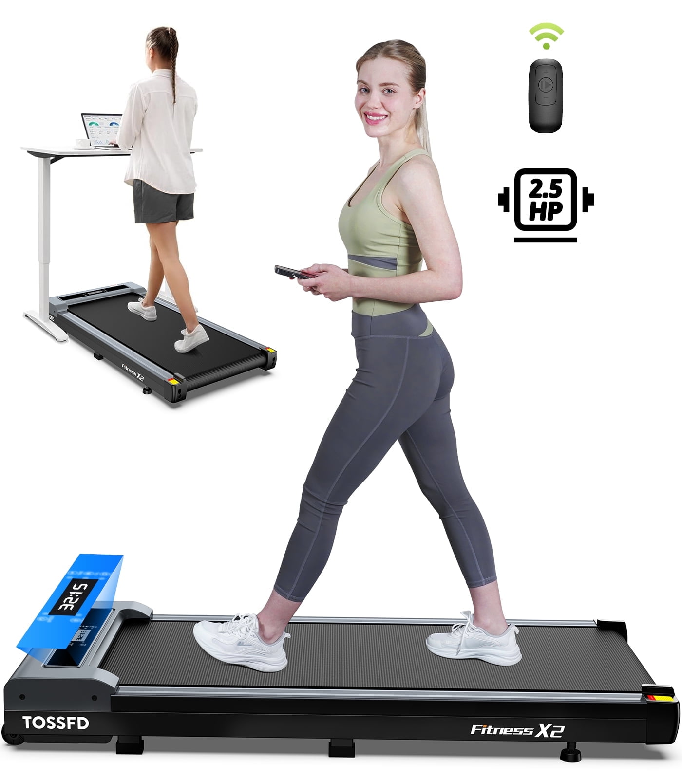 TOSSFD 2.5HP Walking Pad，38.6"*15.7"Walking Area,0.5-3.8MPH Under Desk Treadmill for Home/Office, Walking Jogging Machine with 280 lbs Weight Capacity,X2