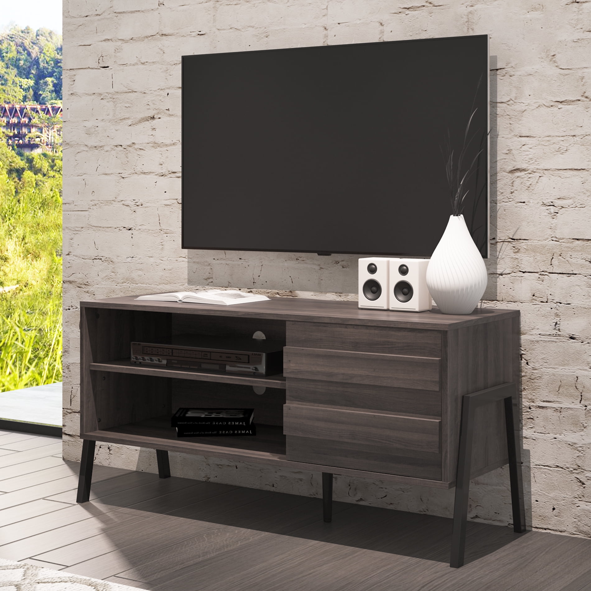 TV Stand for TVs up to 55" with Door, Mid Century Modern TV Console Media Cabinet for Living Room Bedroom, Brown