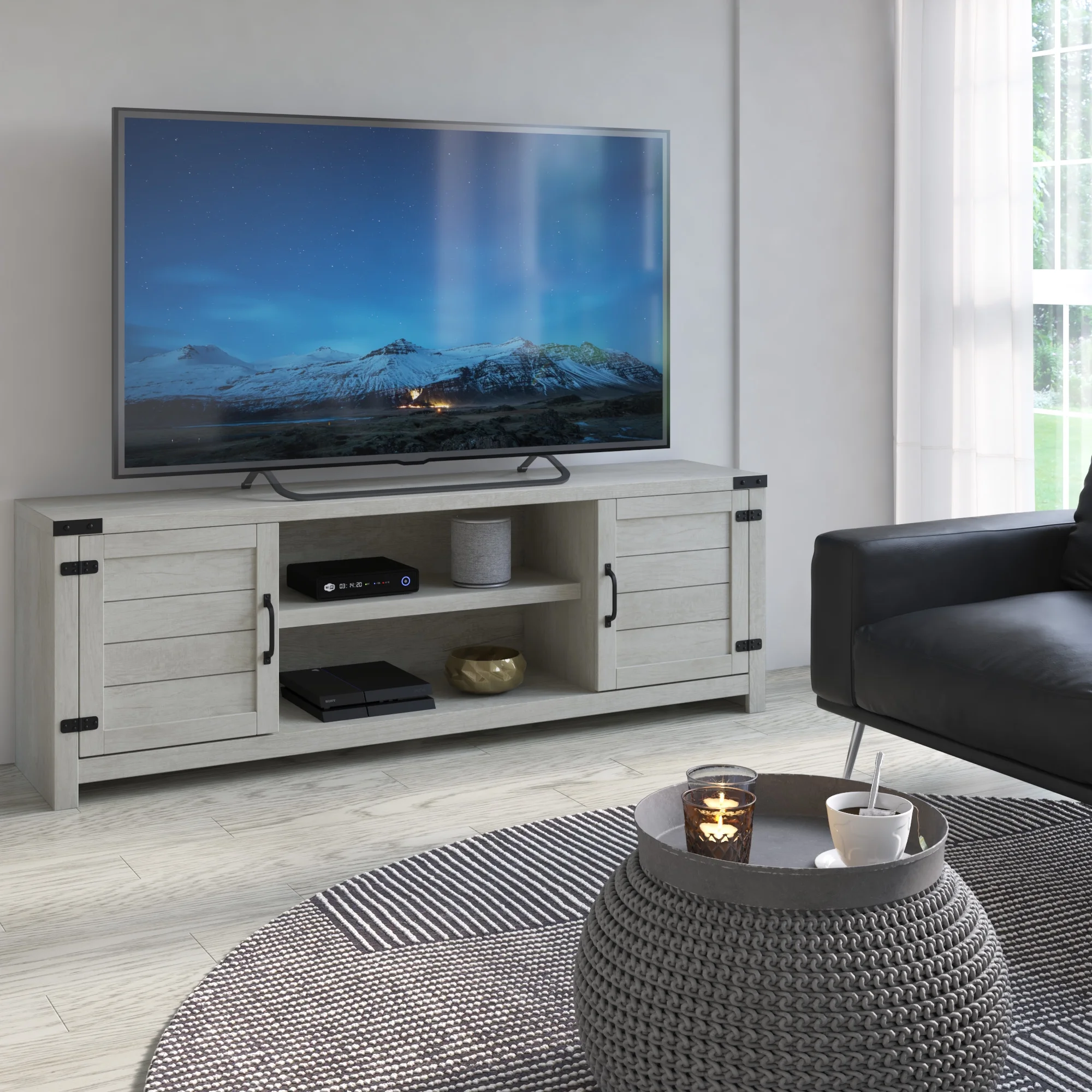 TV Stand for TVs up to 80" with Farmhouse Design in Fairfax Oak