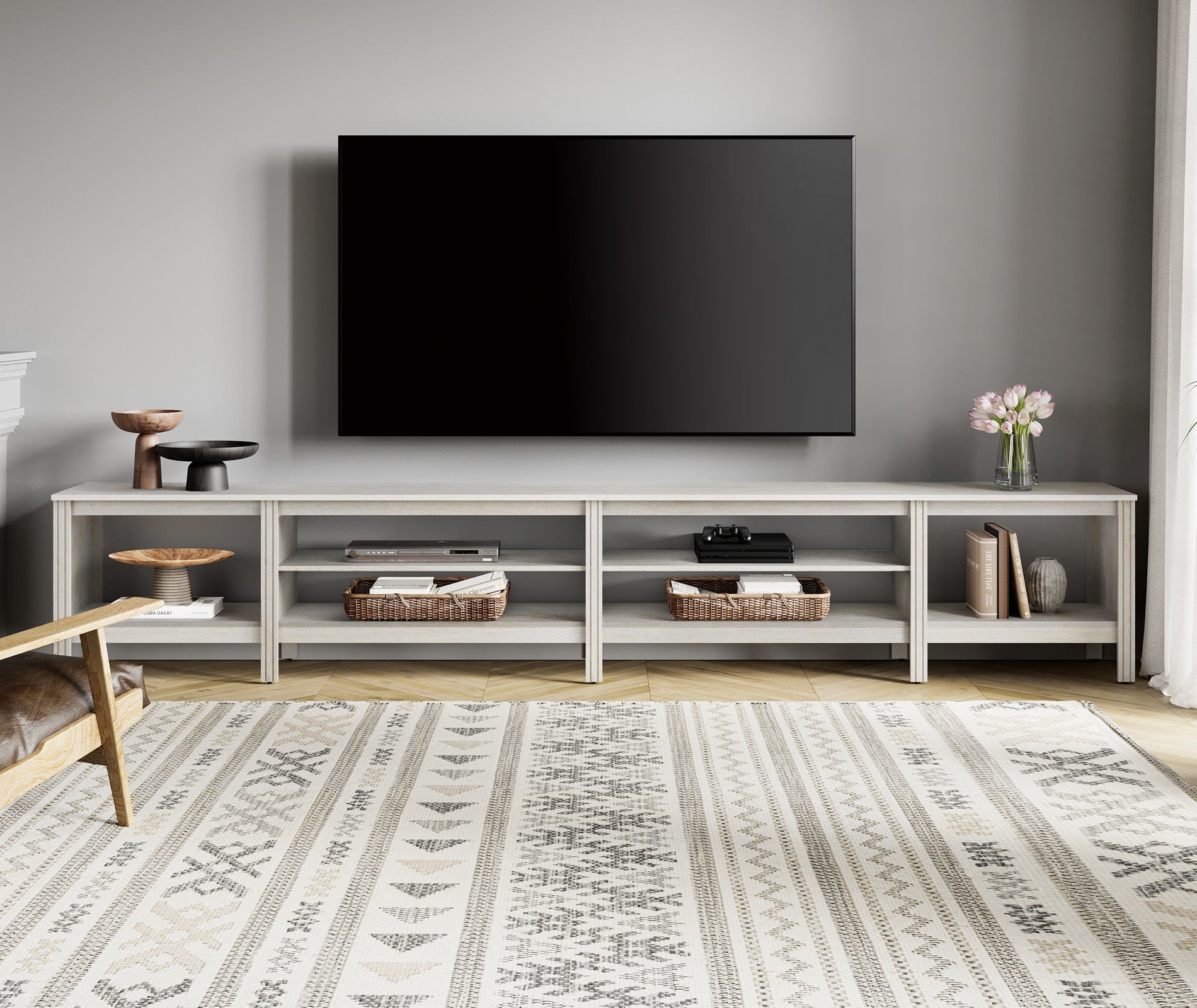 TV Stand for 100 inch TV Entertainment Center Wood TV Console Table for 85/80/90 inch TV with 6 Storages for Living Room Bedroom, White