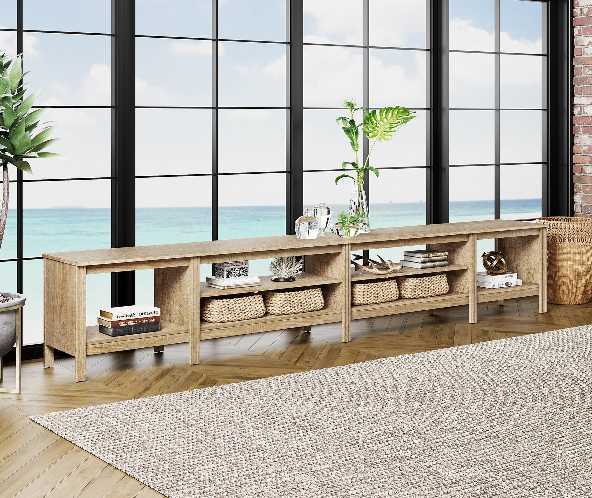 TV Stand for 100 inch TV Entertainment Center Wood TV Console Table for 85/80/90 inch TV with 6 Storages for Living Room Bedroom, Oak