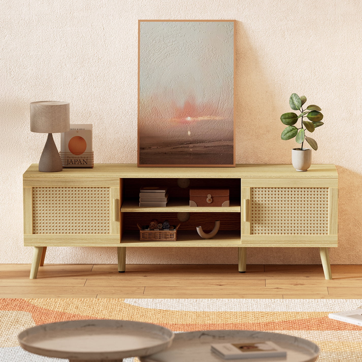 TV Stand Modern TV Console for TVs up to 60", Media Console Table Entertainment Center with PE Rattan and Open Shelf, for Bedroom Living Room