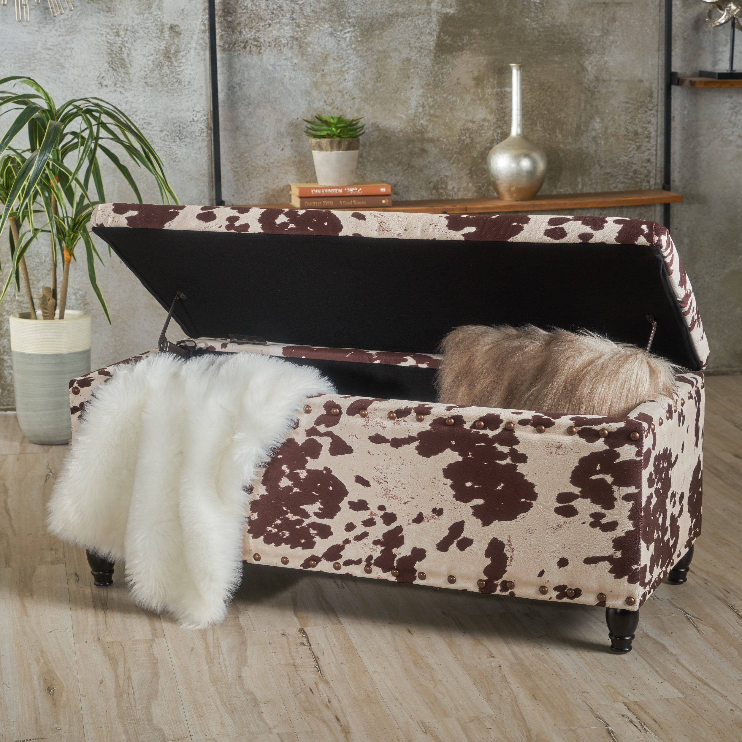 Tia Velvet Storage Ottoman, Milk Cow