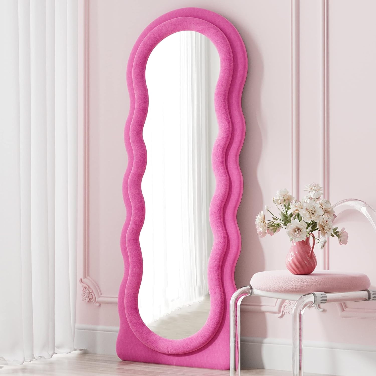 TinyTimes 63"x24" Wavy Full Length Mirror with Stand Large Wall Decor Mirror, Pink