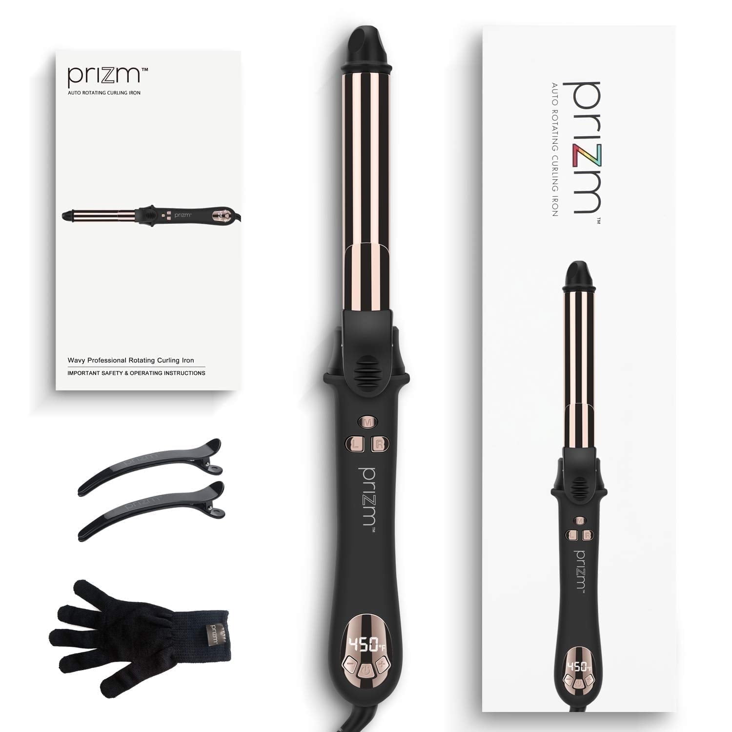 Prizm Curling Iron, Automatic Rotating 1 inch Hair Curler, Dual Voltage, 11 Adjustable Temperatures for Hair Styling, Durable Titanium Alloy for Smooth, Frizz-Free Curls